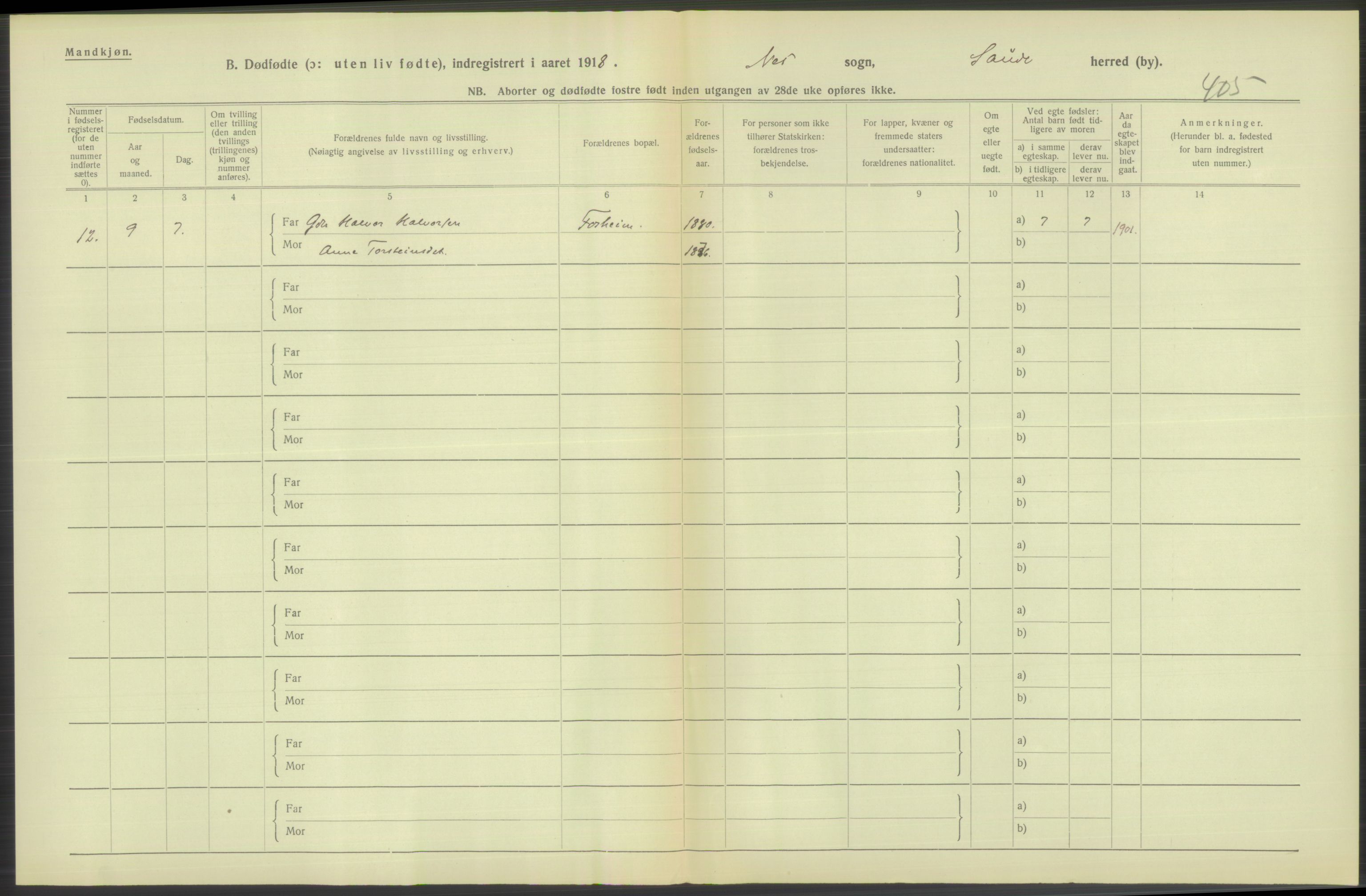 Statistisk sentralbyrå, Sosiodemografiske emner, Befolkning, AV/RA-S-2228/D/Df/Dfb/Dfbh/L0025: Telemark fylke: Gifte, dødfødte. Bygder og byer., 1918, p. 320