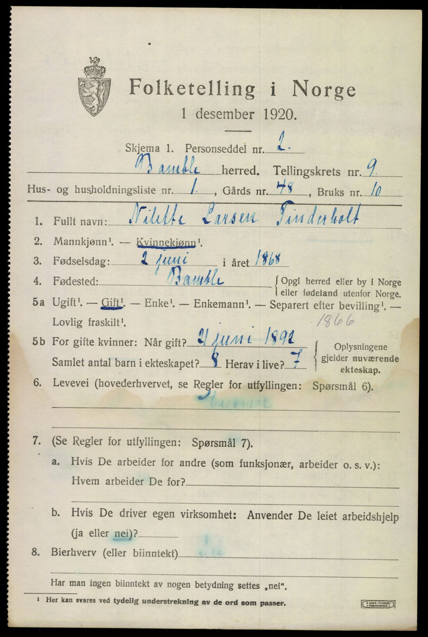 SAKO, 1920 census for Bamble, 1920, p. 7799