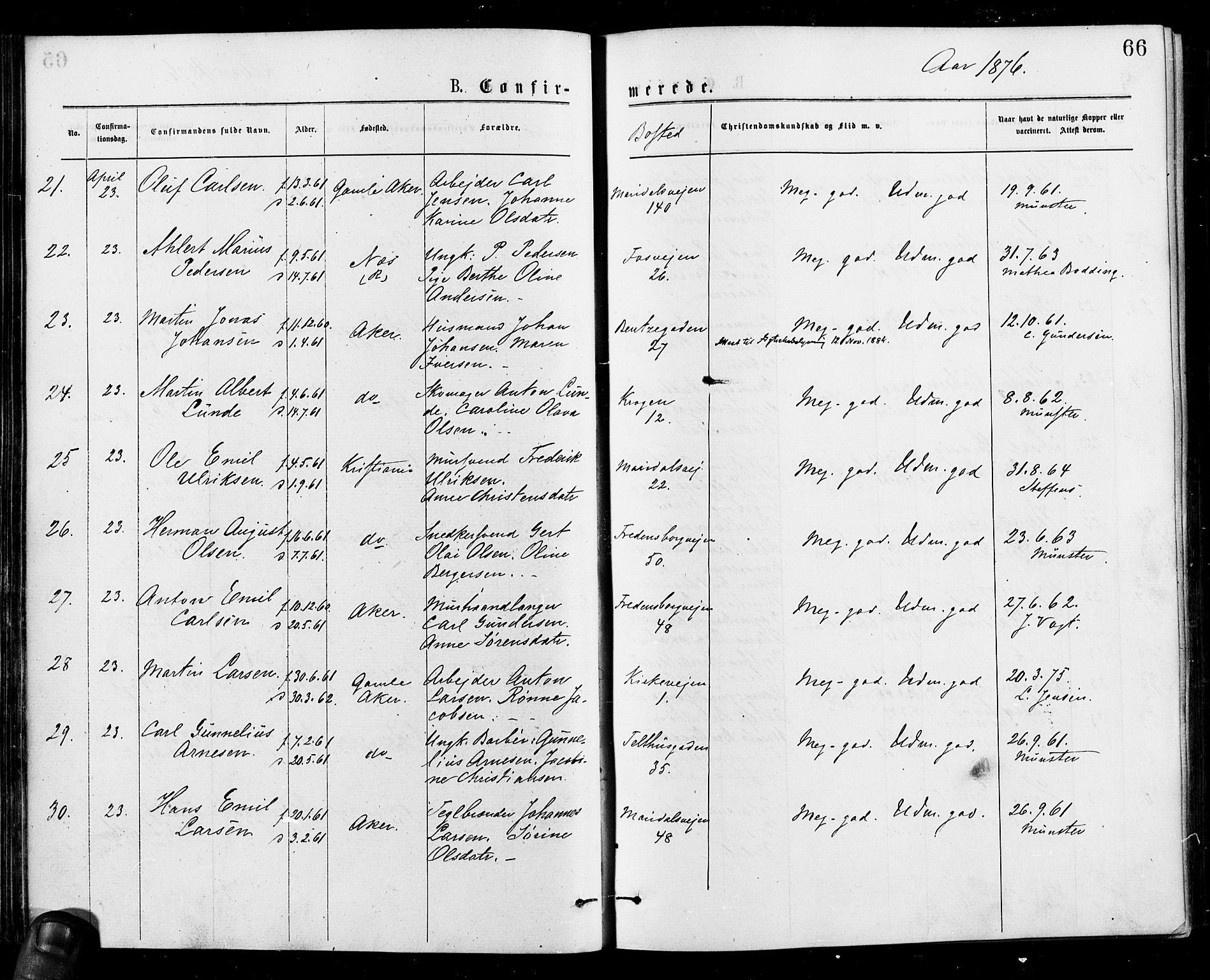 Gamle Aker prestekontor Kirkebøker, SAO/A-10617a/F/L0005: Parish register (official) no. 5, 1873-1881, p. 66