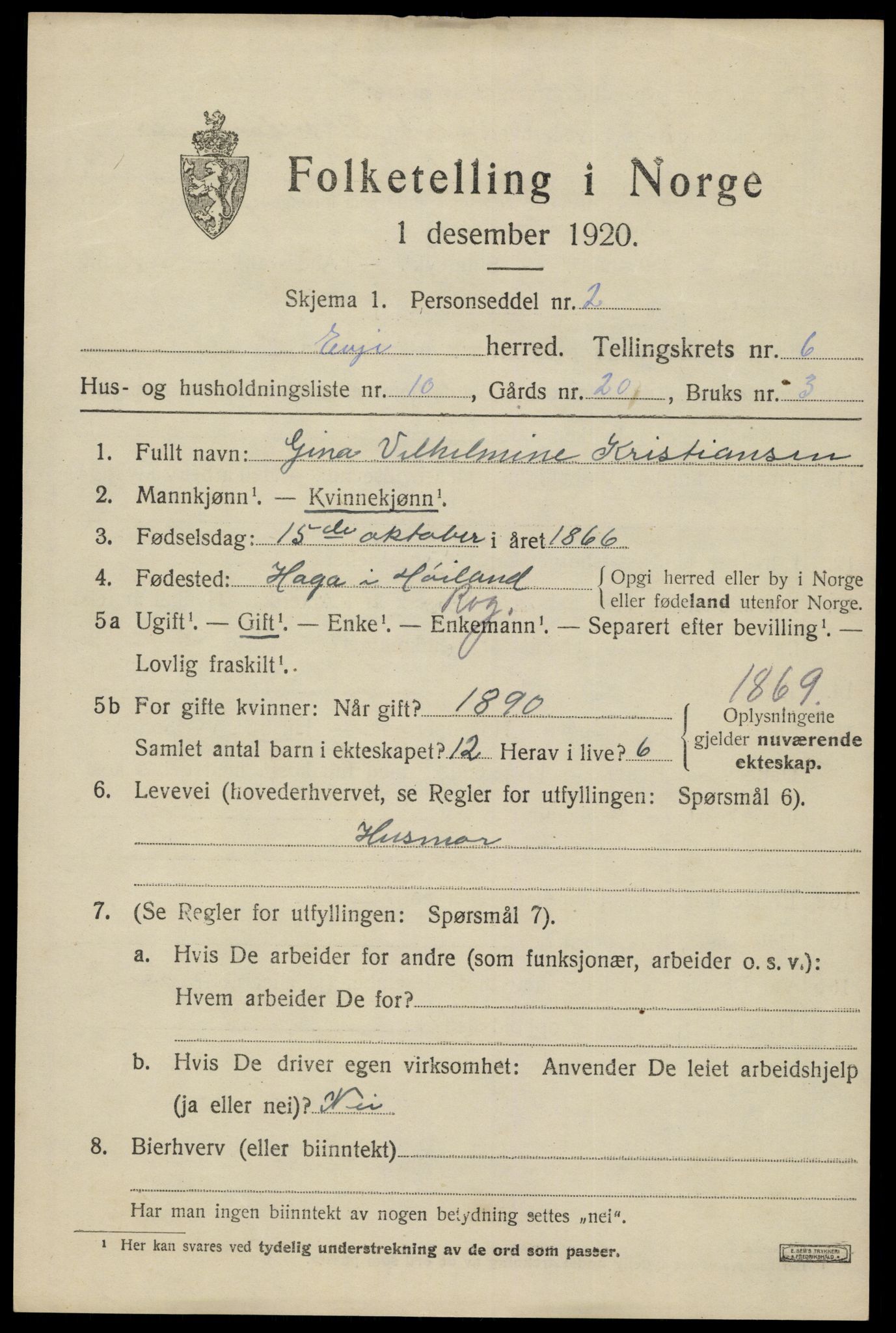 SAK, 1920 census for Evje, 1920, p. 2230