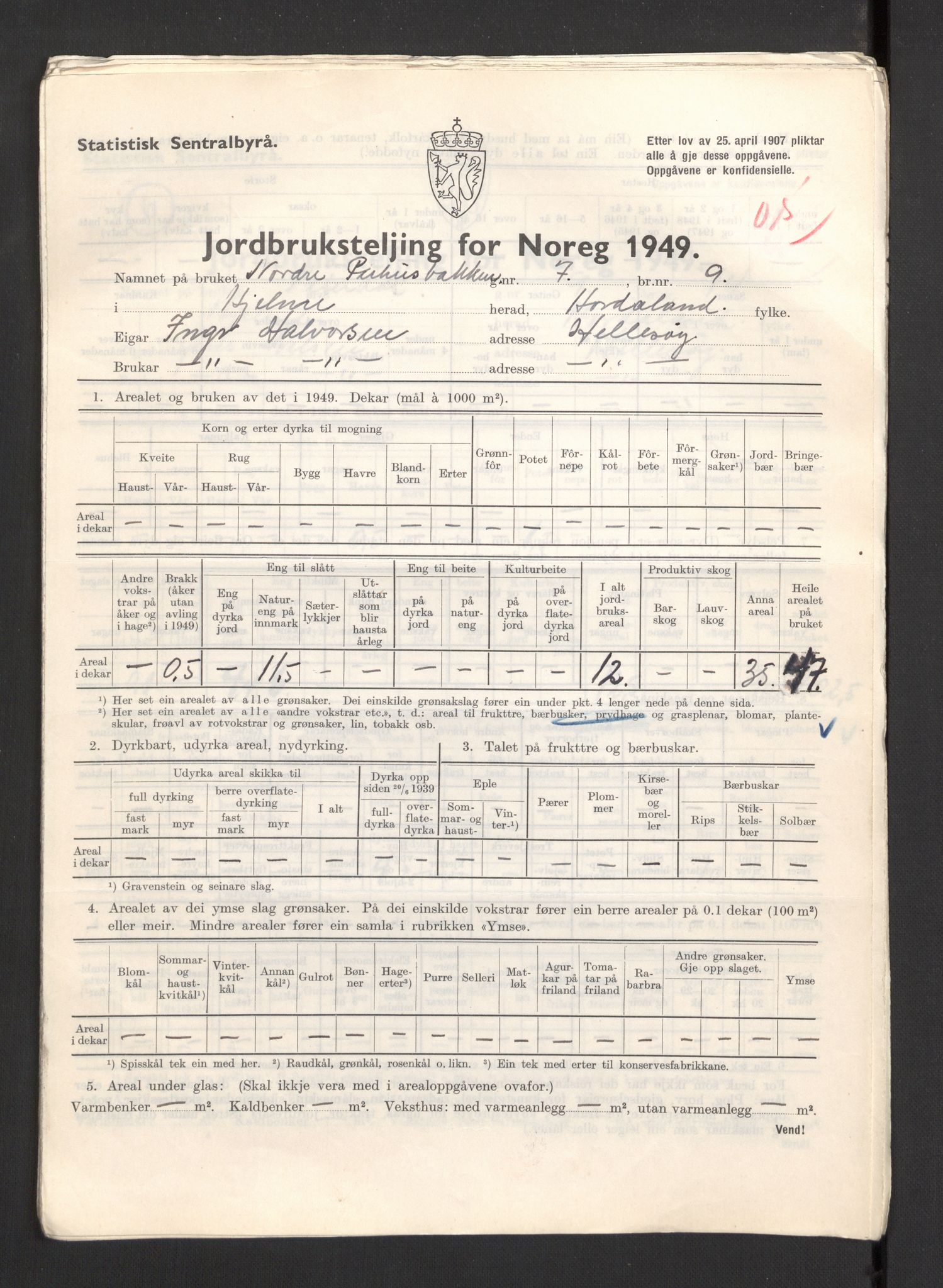 Statistisk sentralbyrå, Næringsøkonomiske emner, Jordbruk, skogbruk, jakt, fiske og fangst, AV/RA-S-2234/G/Gc/L0276: Hordaland: Herdla og Hjelme, 1949, p. 1204