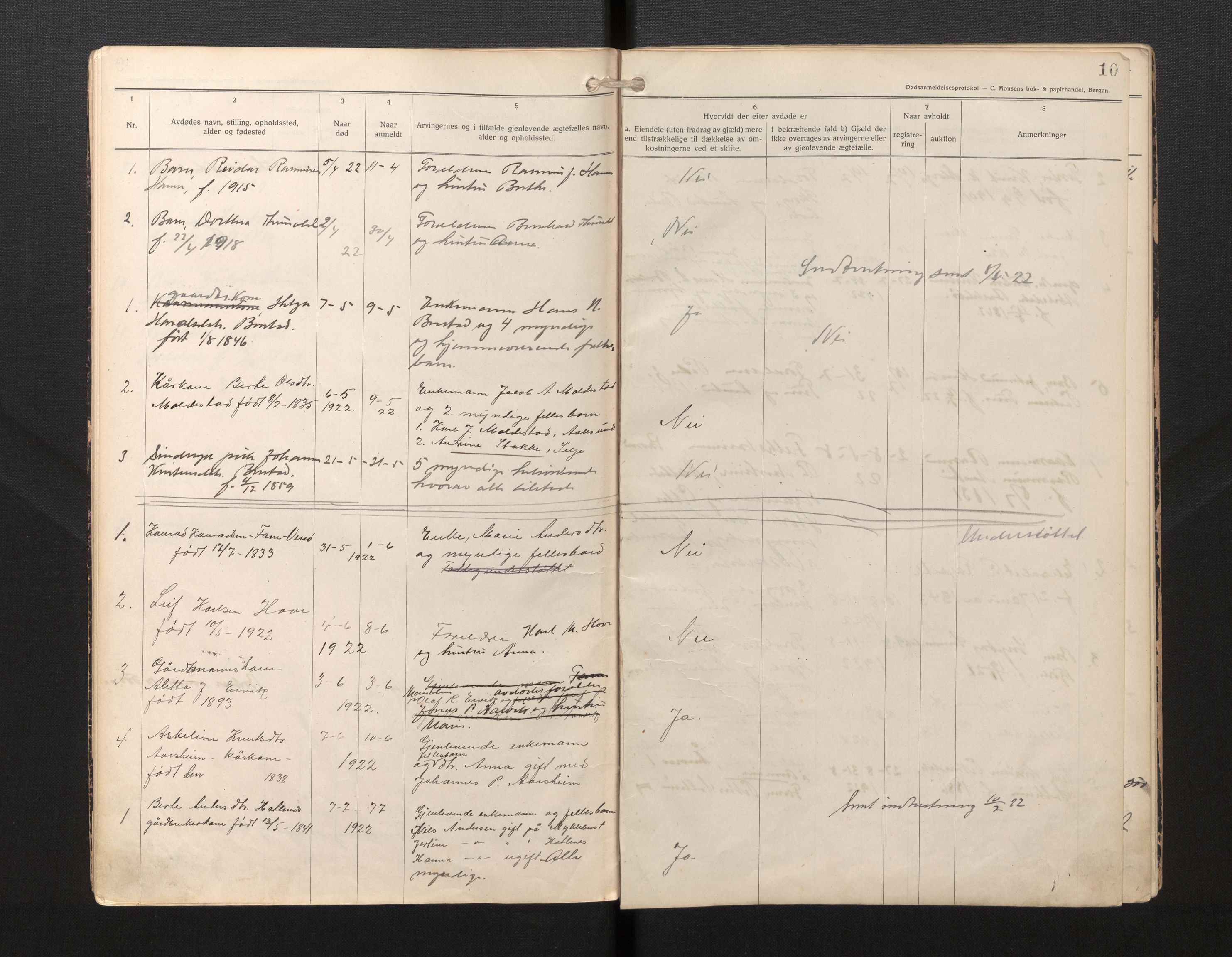 Lensmannen i Selje, AV/SAB-A-29701/0006/L0008: Dødsfallprotokoll, 1920-1925, p. 10