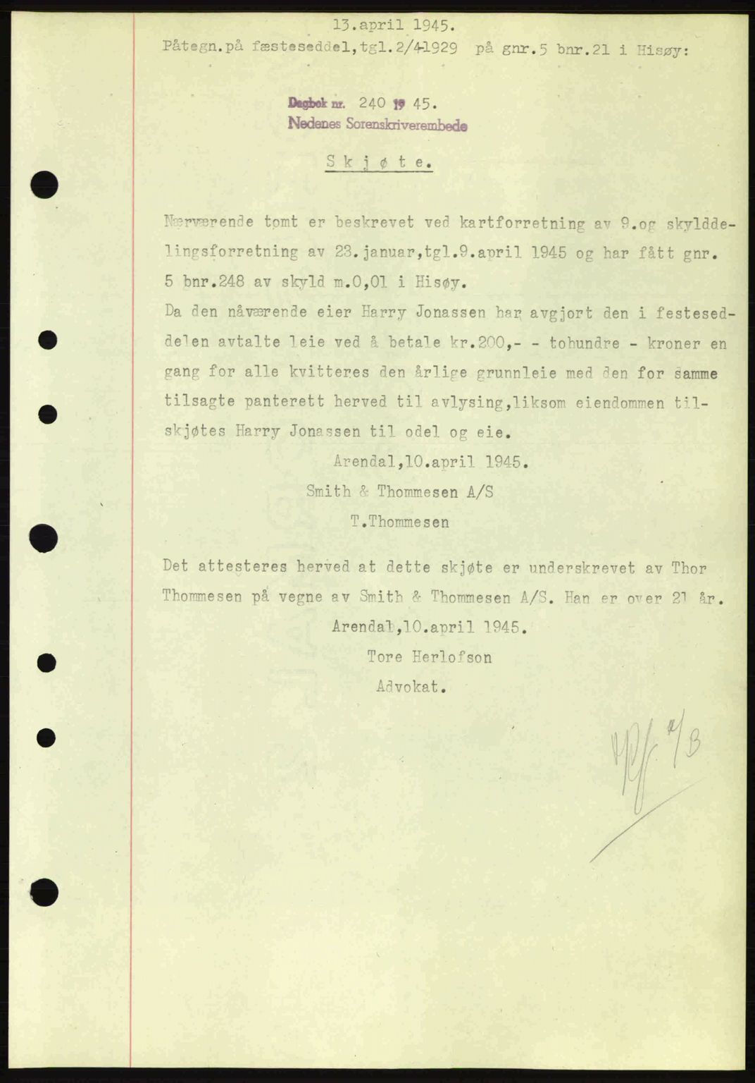 Nedenes sorenskriveri, SAK/1221-0006/G/Gb/Gba/L0052: Mortgage book no. A6a, 1944-1945, Diary no: : 240/1945