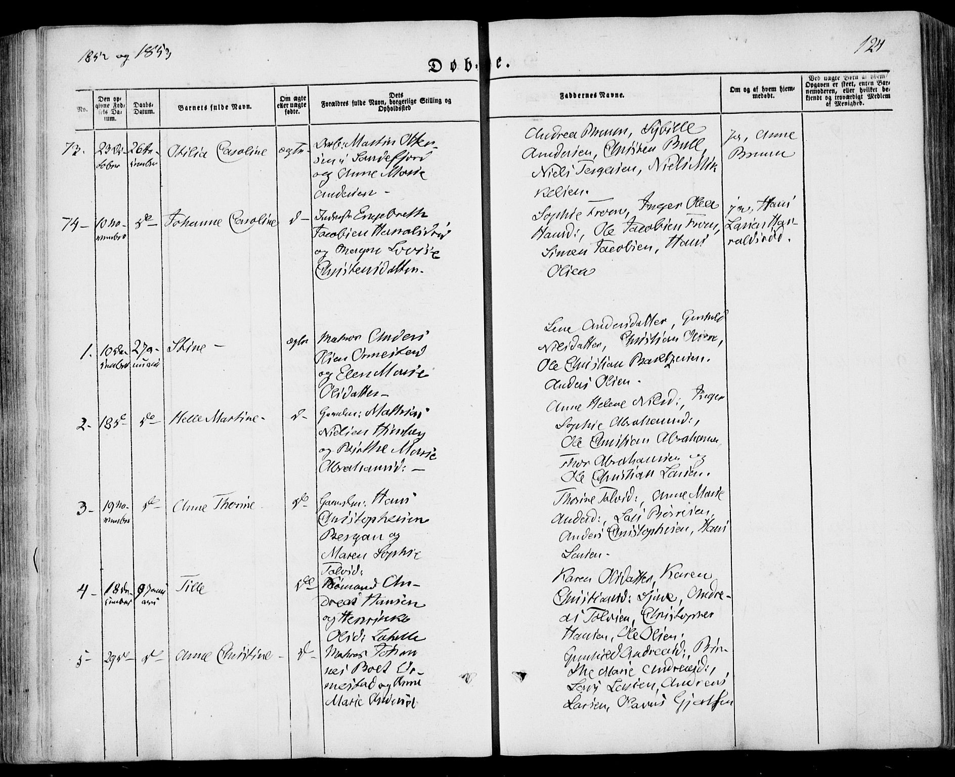 Sandar kirkebøker, AV/SAKO-A-243/F/Fa/L0006: Parish register (official) no. 6, 1847-1860, p. 124
