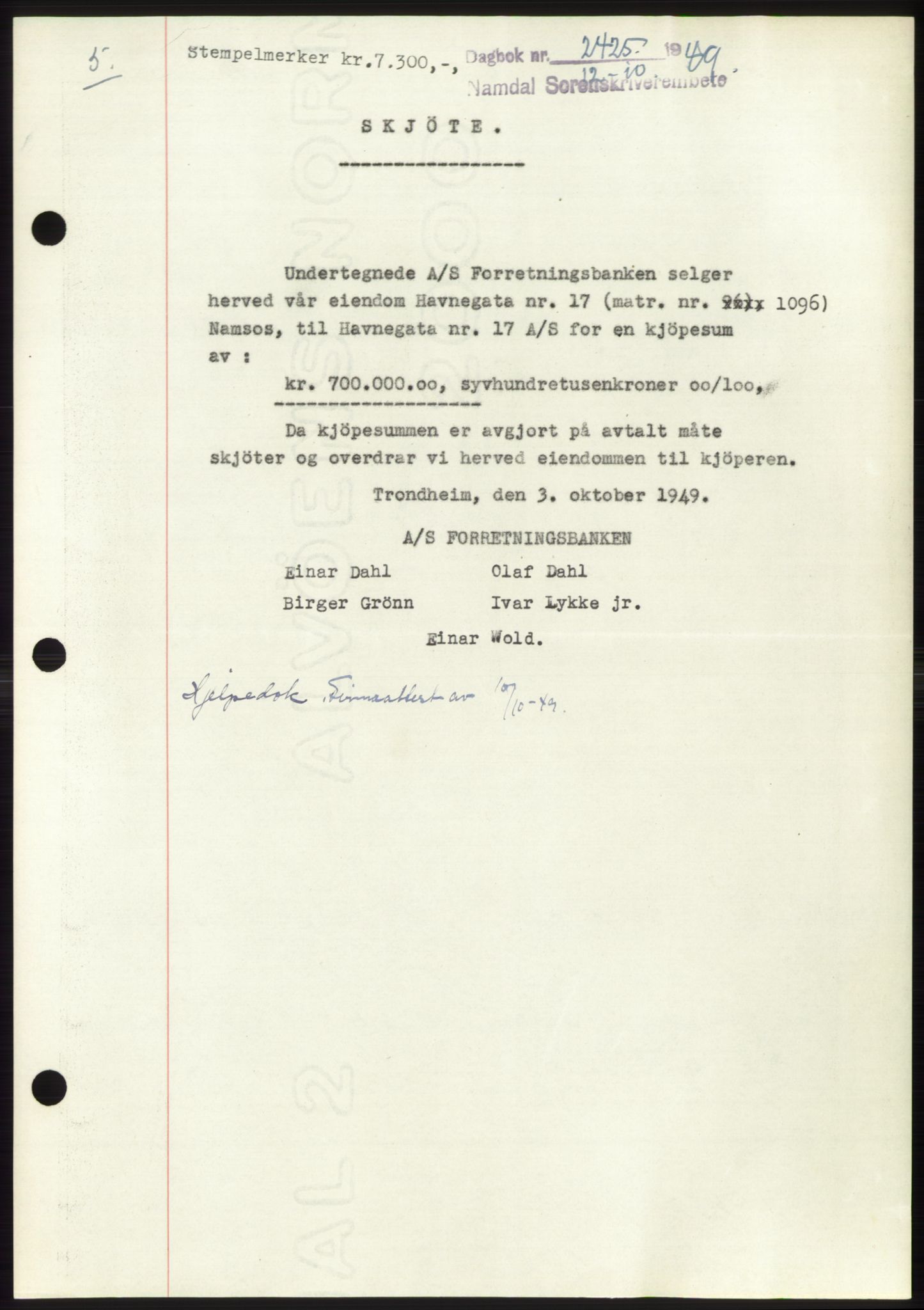 Namdal sorenskriveri, AV/SAT-A-4133/1/2/2C: Mortgage book no. -, 1949-1949, Diary no: : 2425/1949