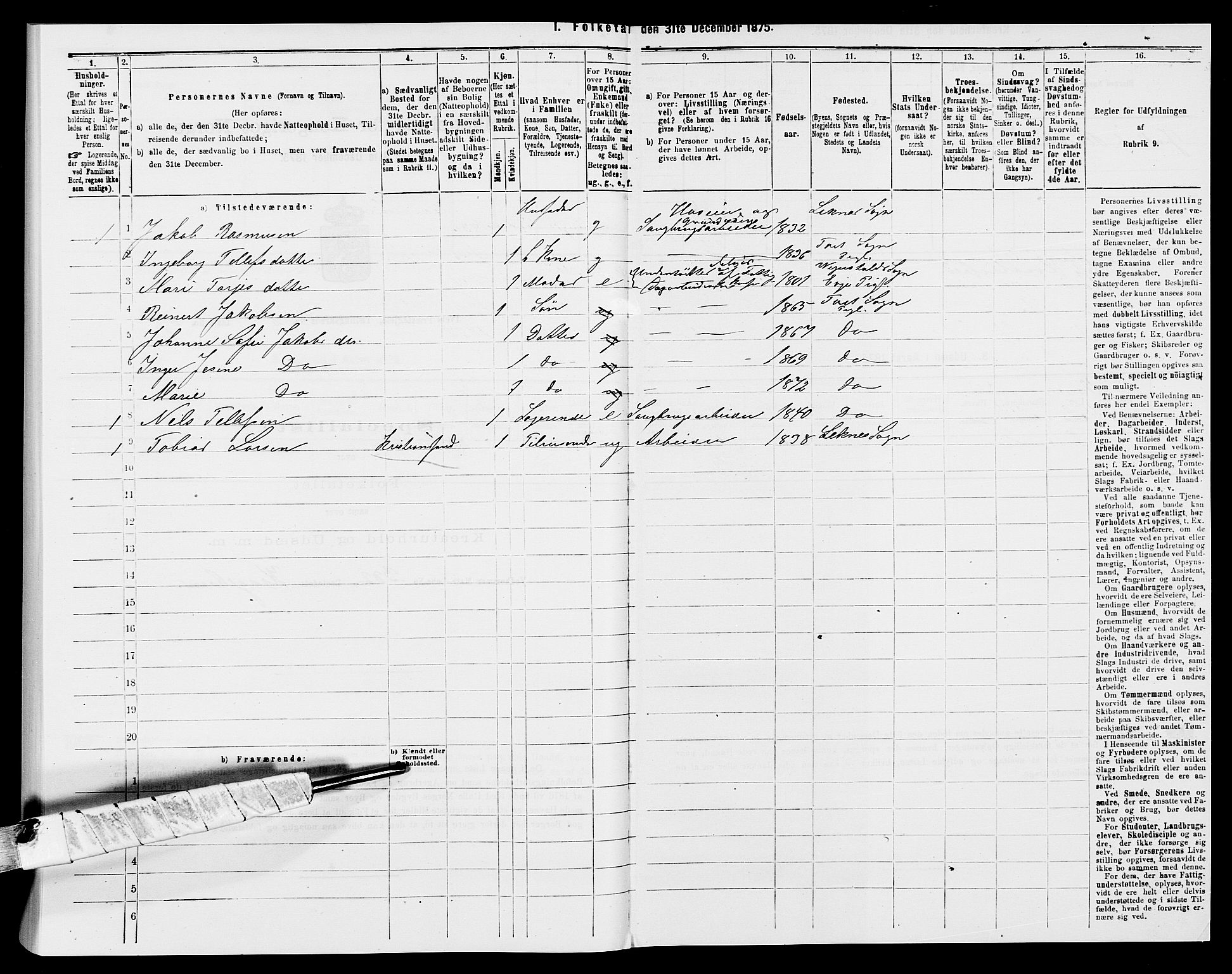 SAK, 1875 census for 1013P Tveit, 1875, p. 312