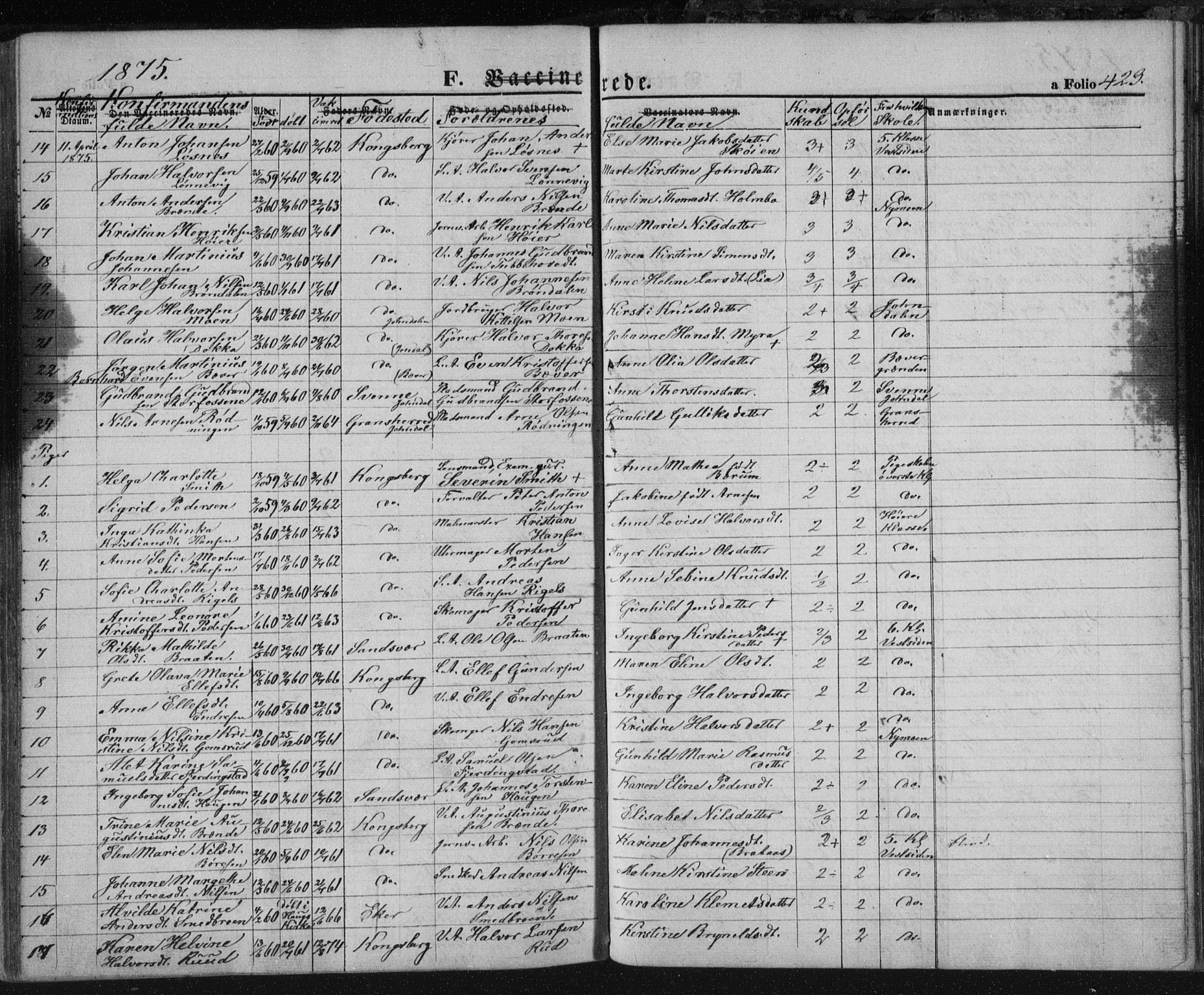Kongsberg kirkebøker, SAKO/A-22/F/Fa/L0010: Parish register (official) no. I 10, 1859-1875, p. 423