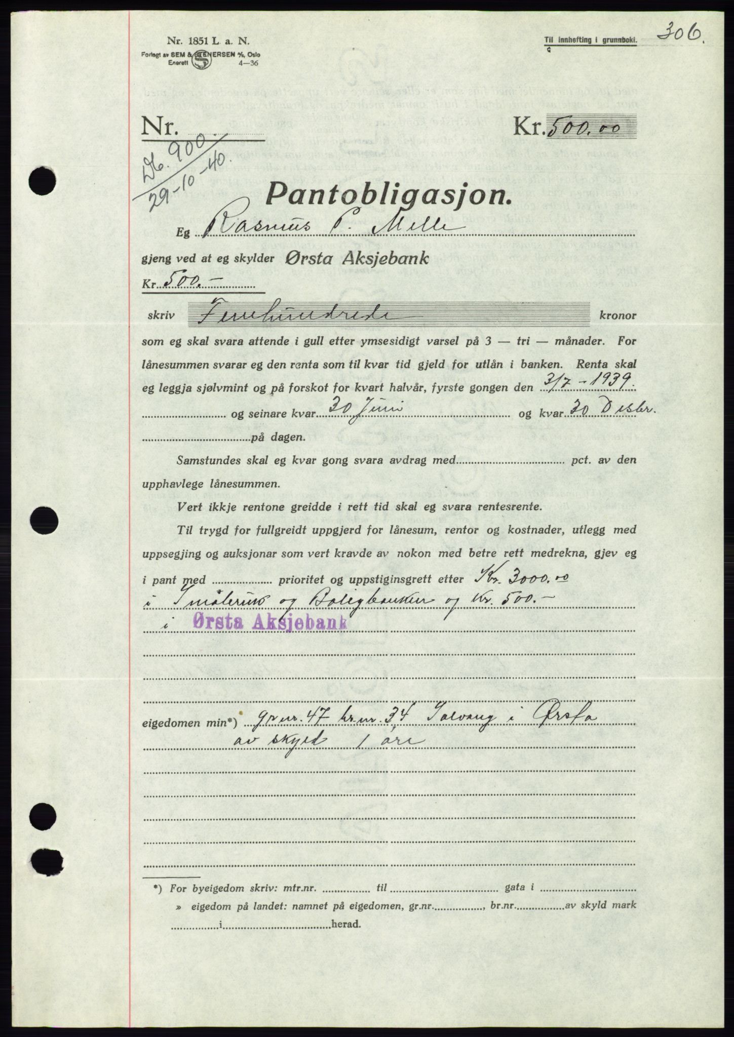 Søre Sunnmøre sorenskriveri, AV/SAT-A-4122/1/2/2C/L0070: Mortgage book no. 64, 1940-1941, Diary no: : 900/1940