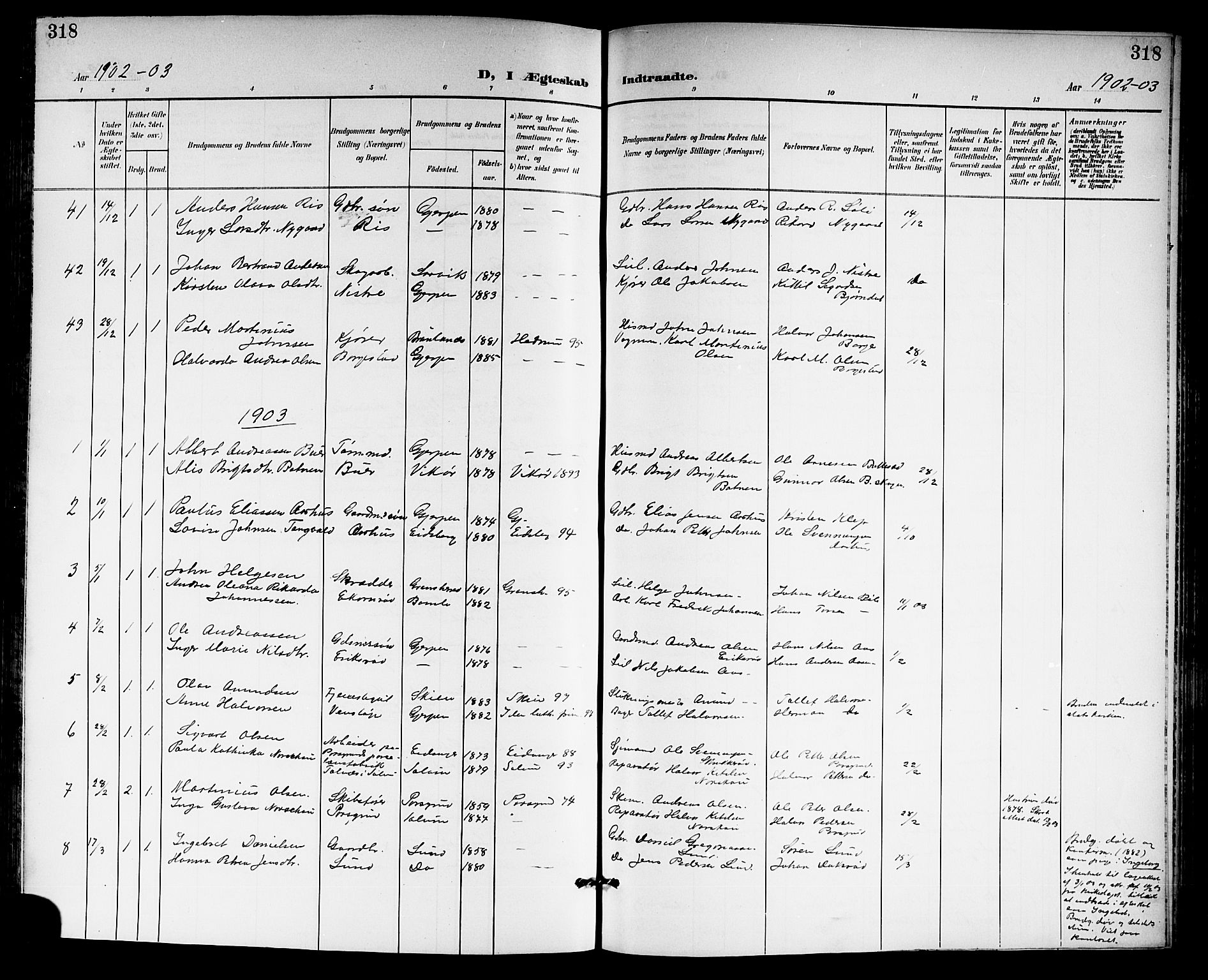 Gjerpen kirkebøker, SAKO/A-265/G/Ga/L0003: Parish register (copy) no. I 3, 1901-1919, p. 318