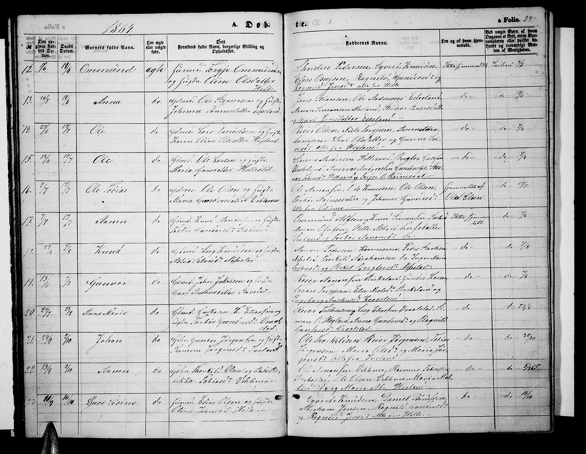 Nord-Audnedal sokneprestkontor, SAK/1111-0032/F/Fb/Fba/L0002: Parish register (copy) no. B 2, 1856-1882, p. 24
