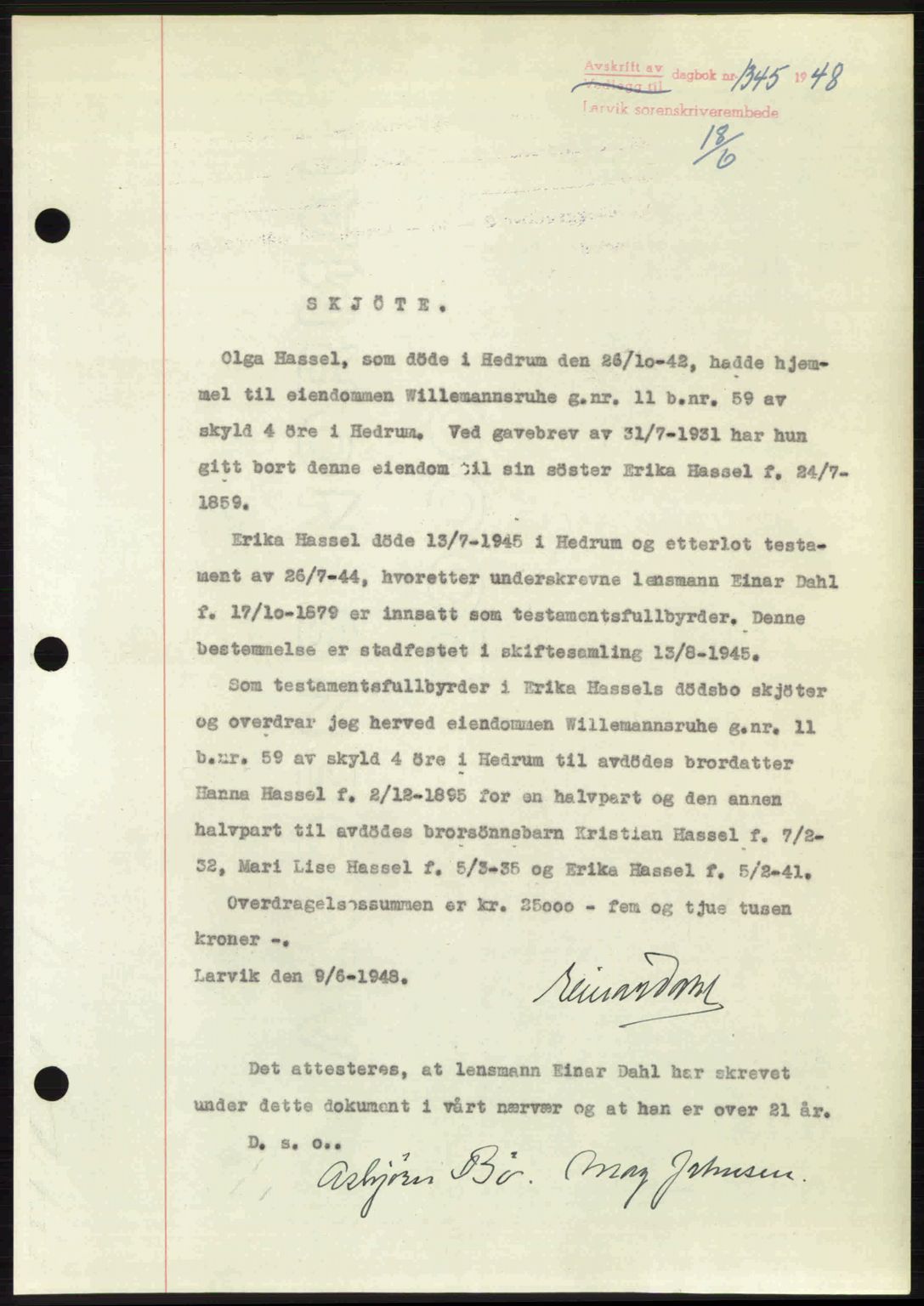 Larvik sorenskriveri, AV/SAKO-A-83/G/Ga/Gab/L0086: Mortgage book no. A-20, 1948-1948, Diary no: : 1345/1948