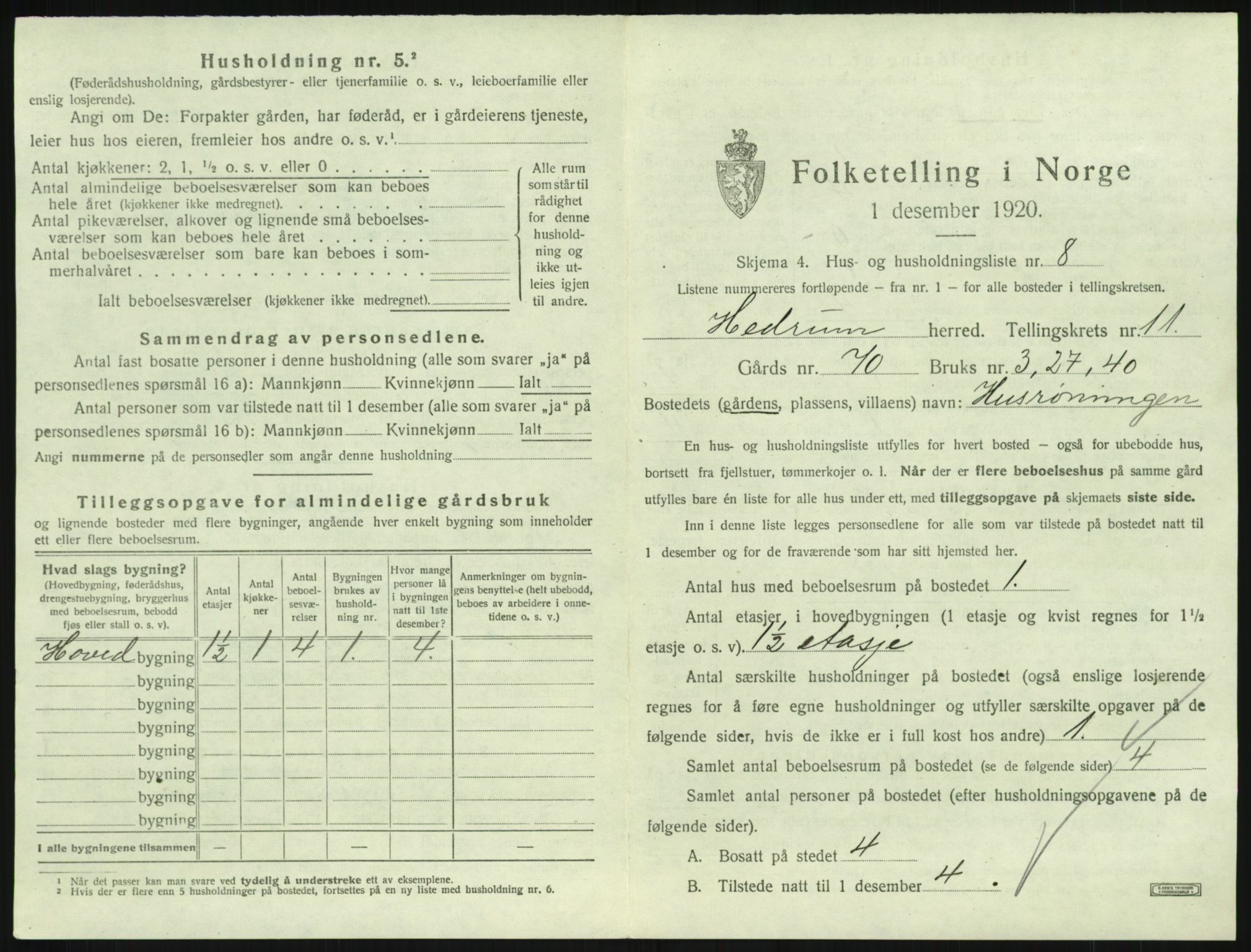 SAKO, 1920 census for Hedrum, 1920, p. 1005