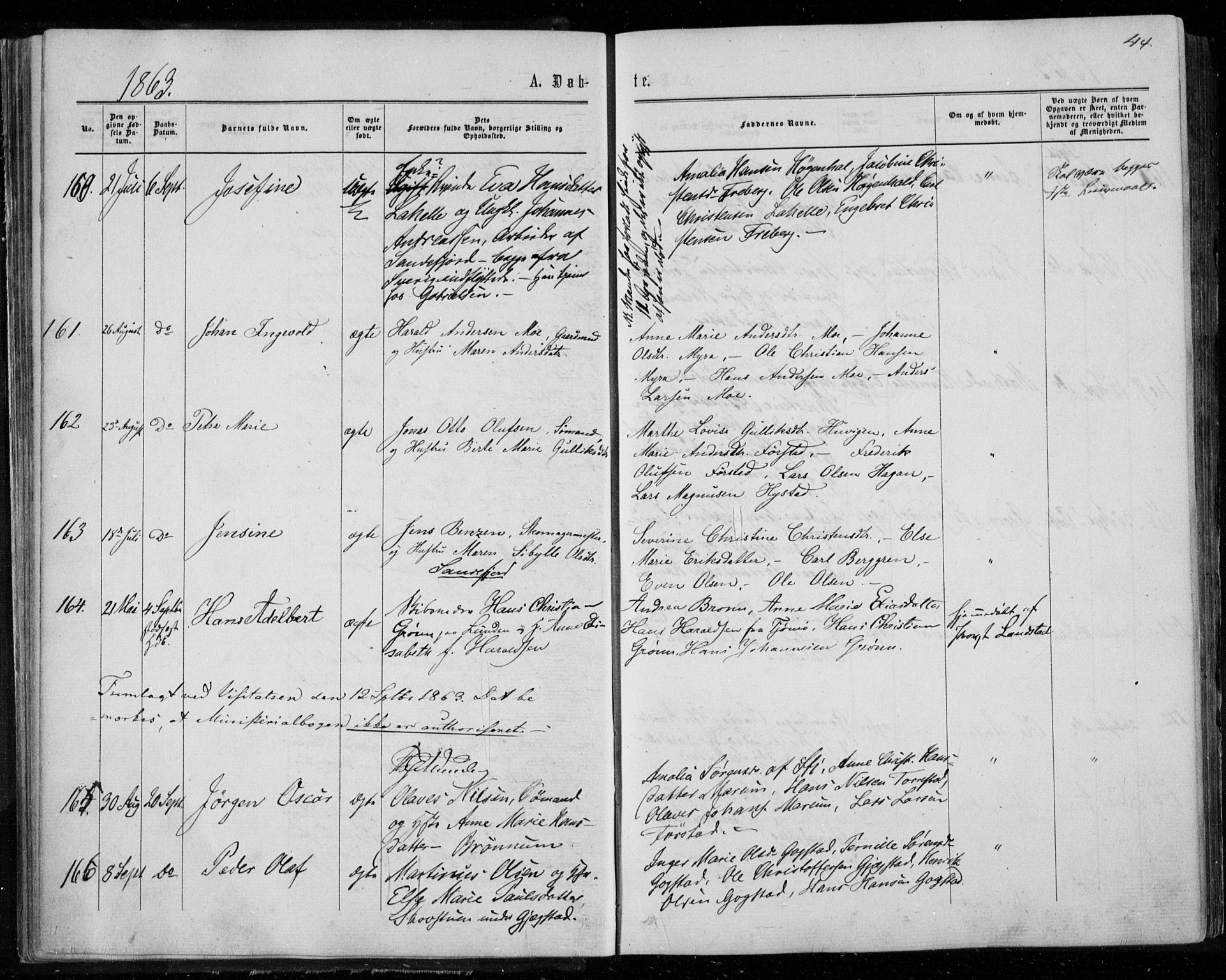 Sandar kirkebøker, SAKO/A-243/F/Fa/L0008: Parish register (official) no. 8, 1862-1871, p. 44