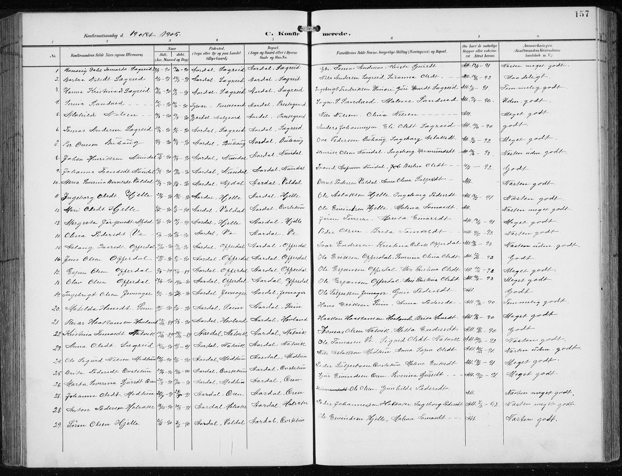 Årdal sokneprestembete, AV/SAB-A-81701: Parish register (copy) no. A 2, 1899-1939, p. 157