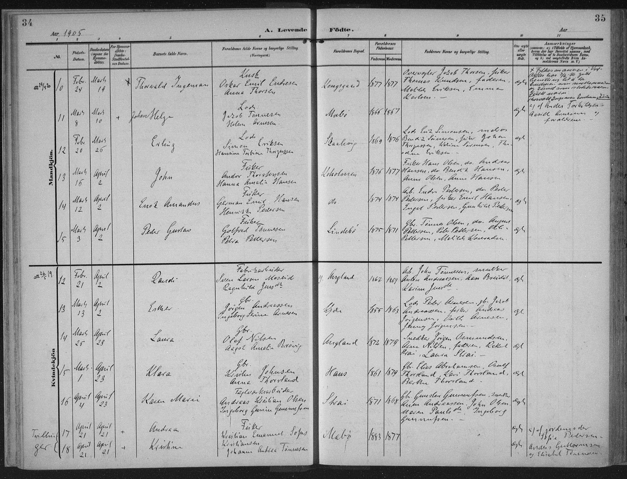 Oddernes sokneprestkontor, AV/SAK-1111-0033/F/Fa/Faa/L0011: Parish register (official) no. A 11, 1904-1911, p. 34-35