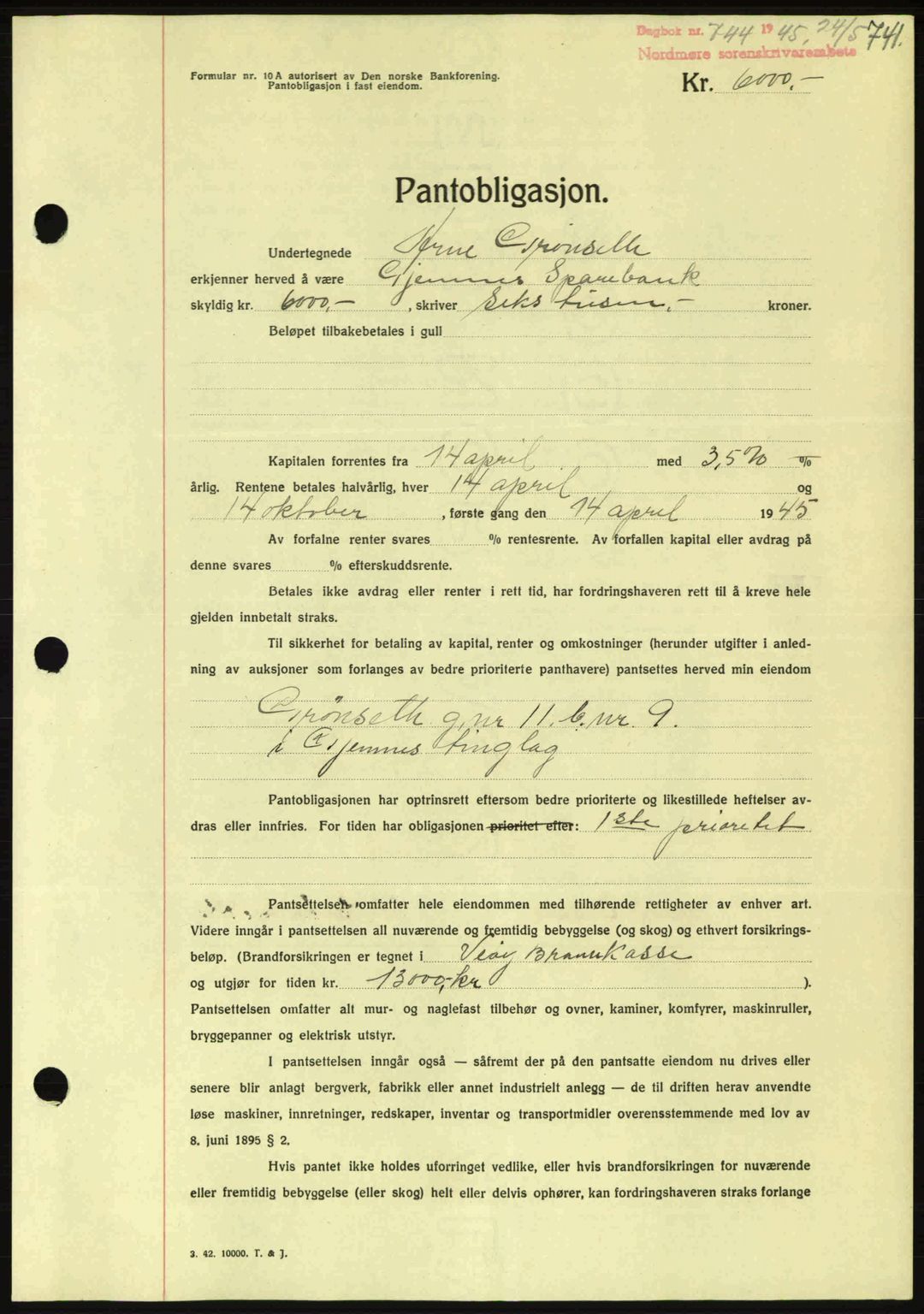 Nordmøre sorenskriveri, AV/SAT-A-4132/1/2/2Ca: Mortgage book no. B92, 1944-1945, Diary no: : 744/1945