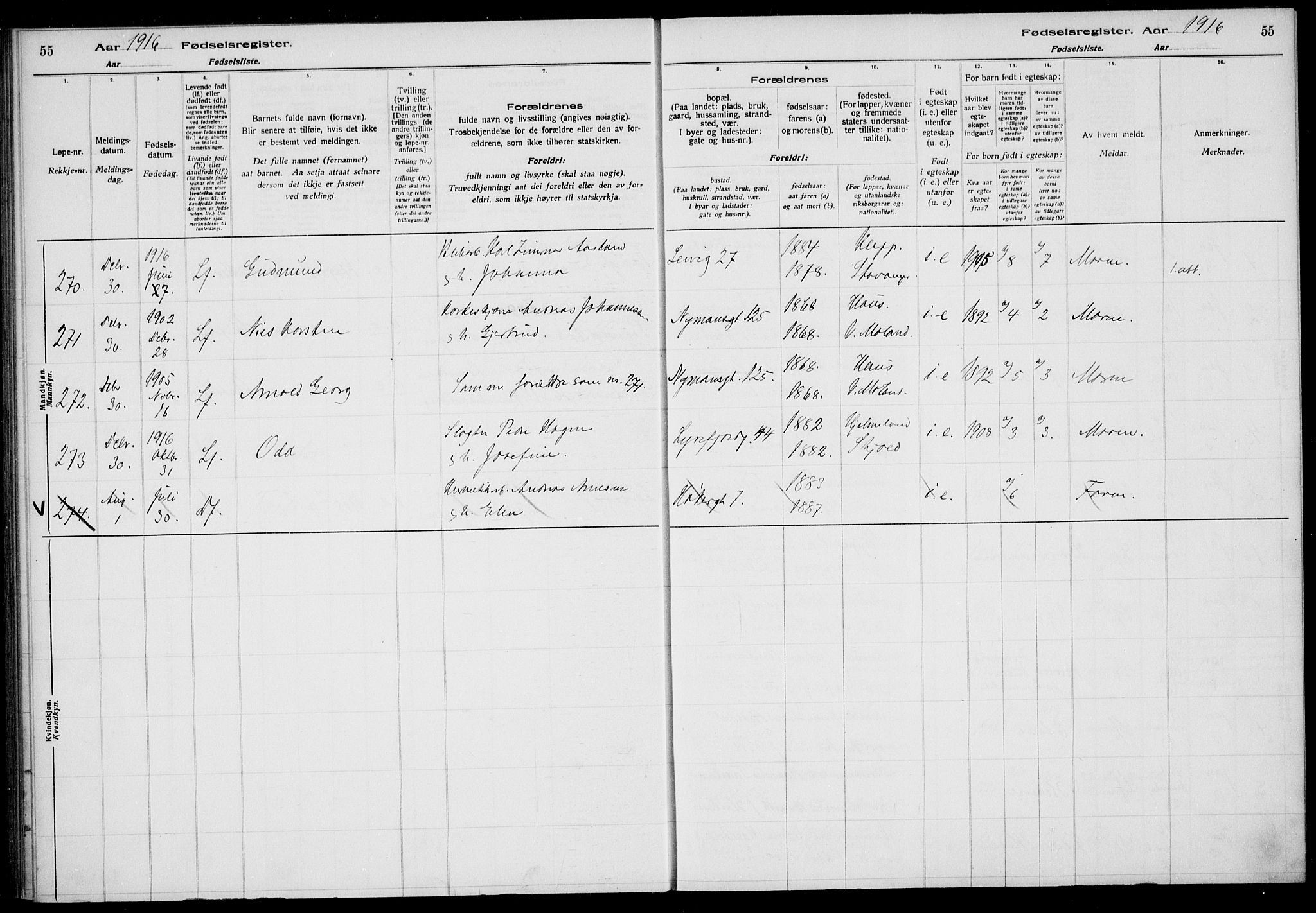 St. Johannes sokneprestkontor, AV/SAST-A-101814/002/A/L0001: Birth register no. 1, 1916-1919, p. 55