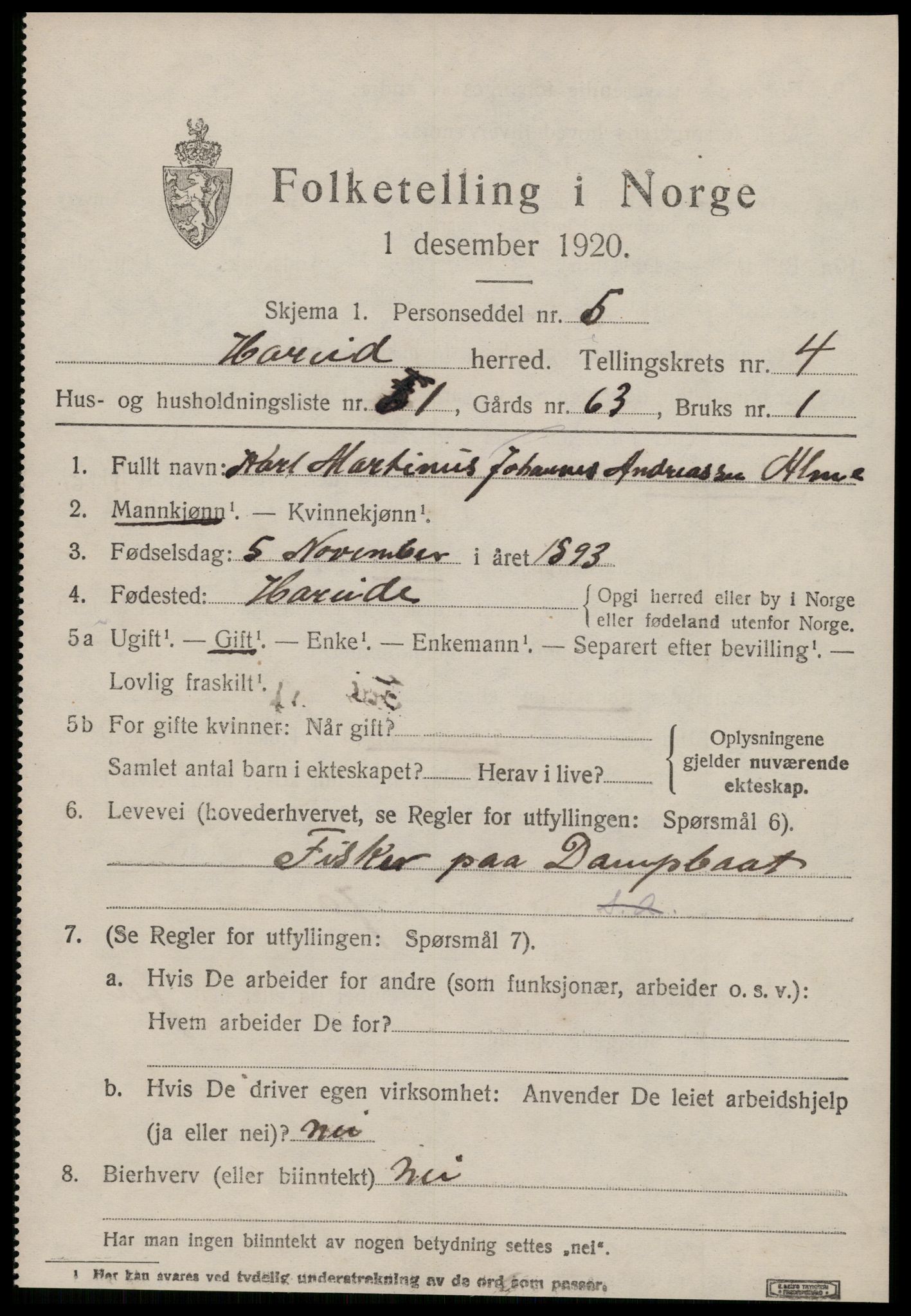 SAT, 1920 census for Hareid, 1920, p. 1695