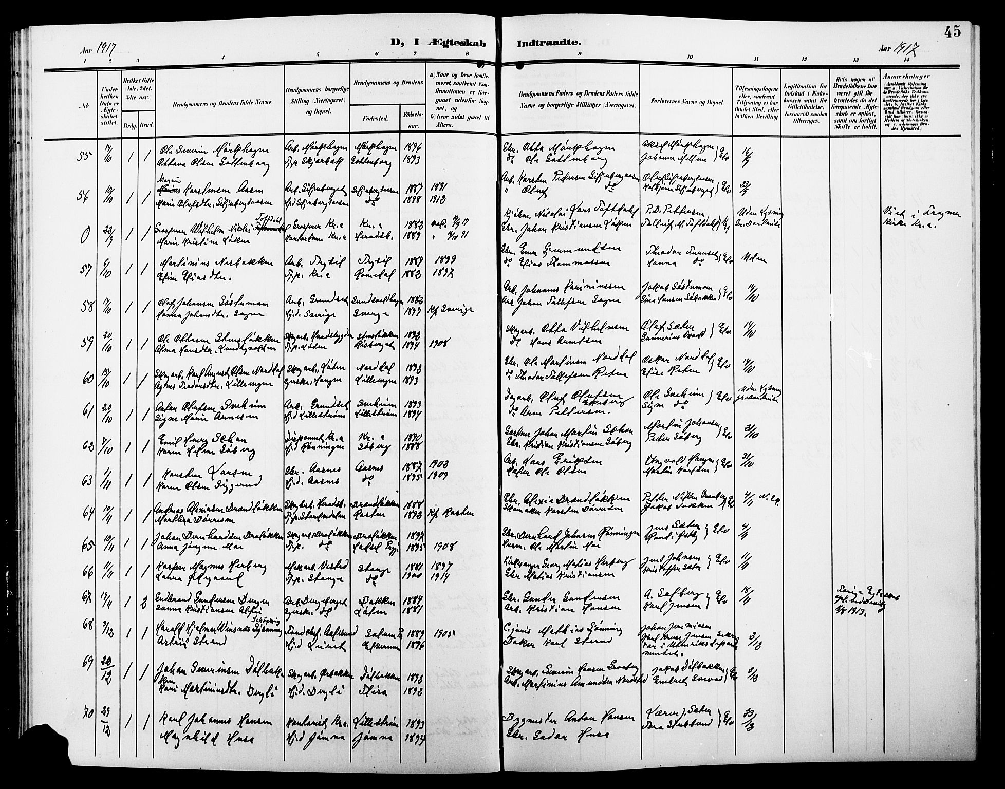 Elverum prestekontor, AV/SAH-PREST-044/H/Ha/Hab/L0009: Parish register (copy) no. 9, 1908-1921, p. 45