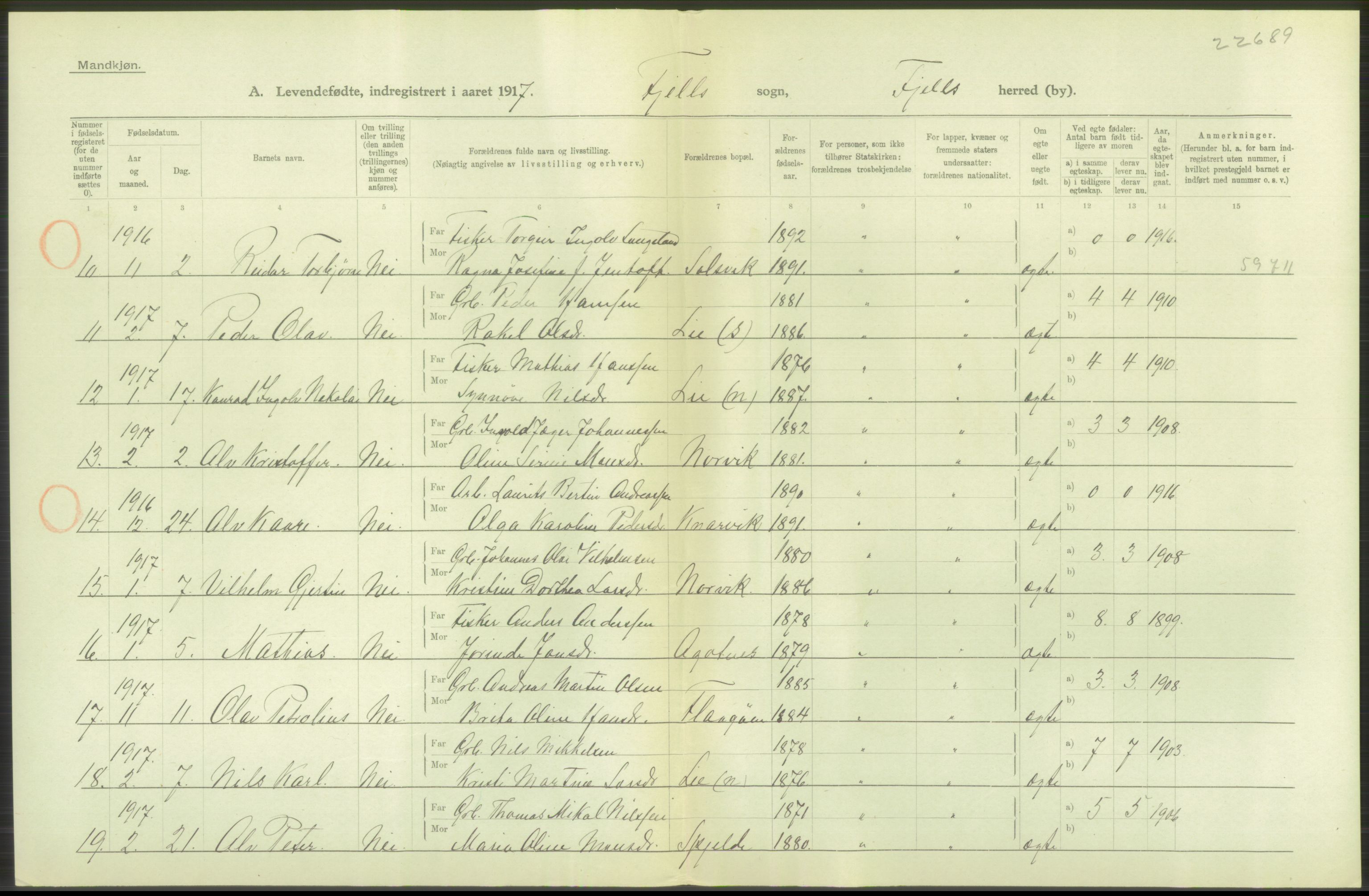 Statistisk sentralbyrå, Sosiodemografiske emner, Befolkning, RA/S-2228/D/Df/Dfb/Dfbg/L0034: S. Bergenhus amt: Levendefødte menn og kvinner. Bygder., 1917, p. 356