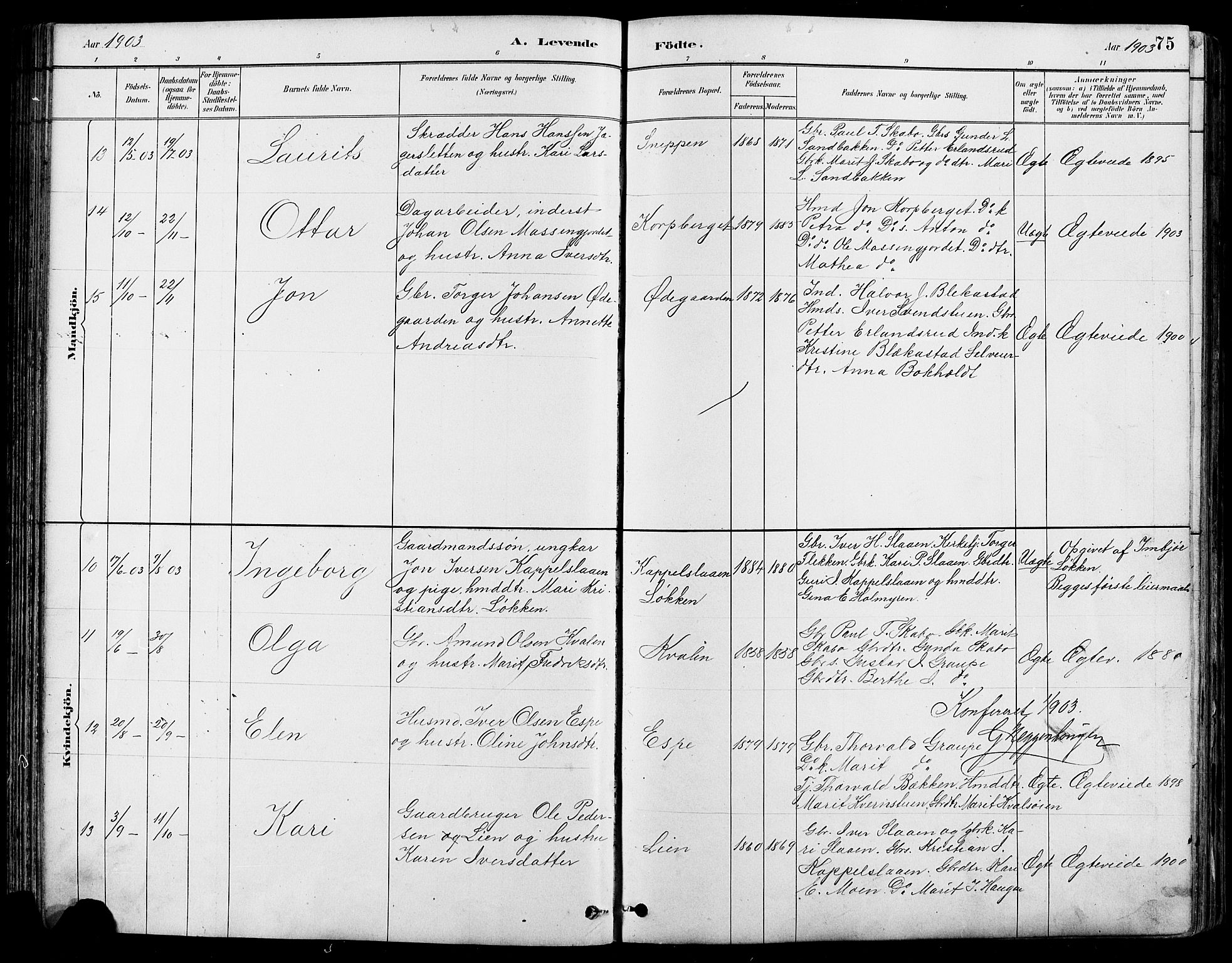 Nord-Fron prestekontor, SAH/PREST-080/H/Ha/Hab/L0005: Parish register (copy) no. 5, 1884-1914, p. 75