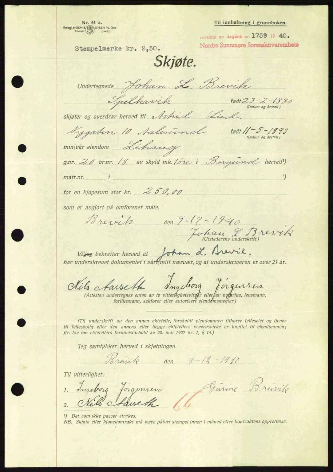 Nordre Sunnmøre sorenskriveri, AV/SAT-A-0006/1/2/2C/2Ca: Mortgage book no. A10, 1940-1941, Diary no: : 1759/1940