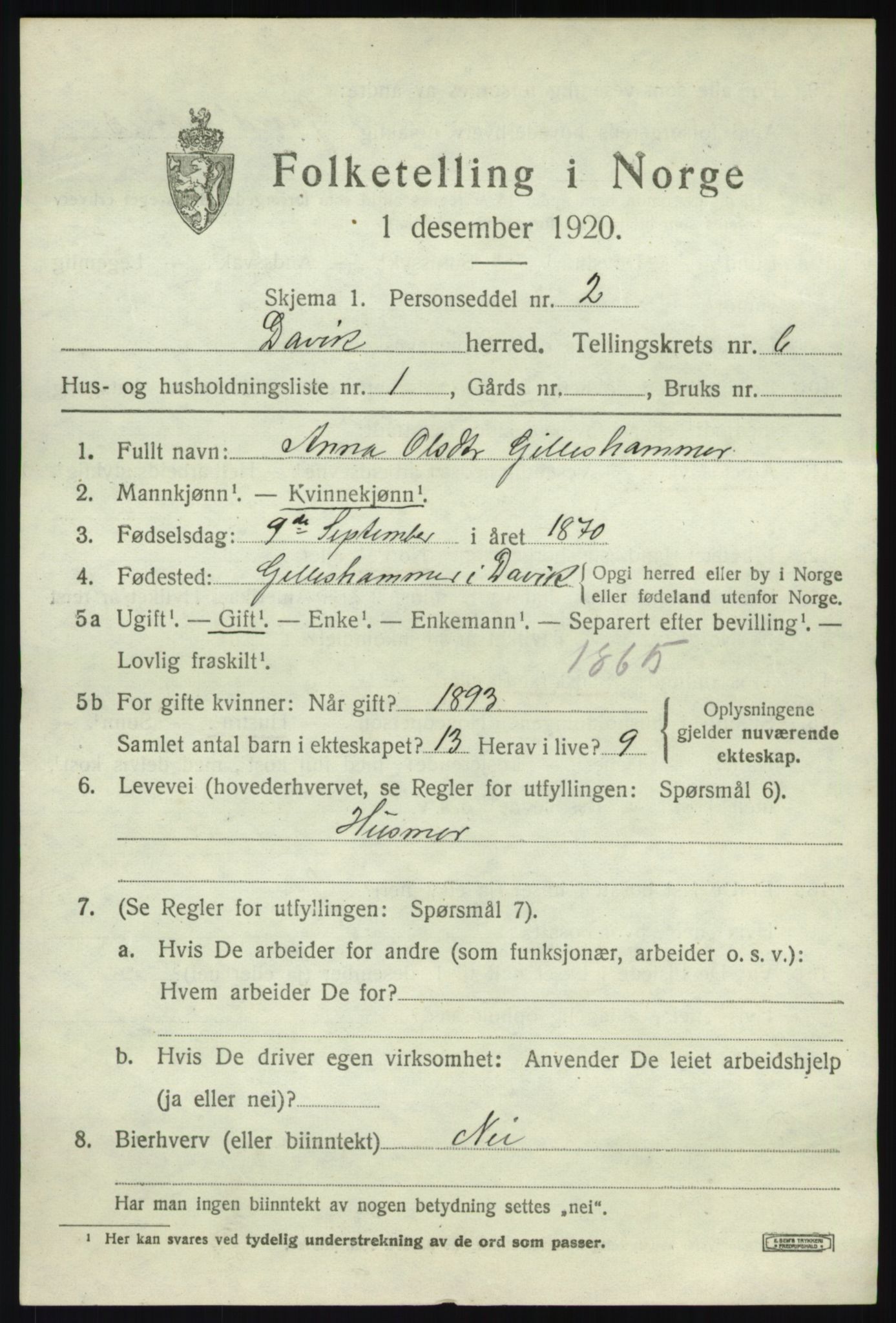 SAB, 1920 census for Davik, 1920, p. 3333