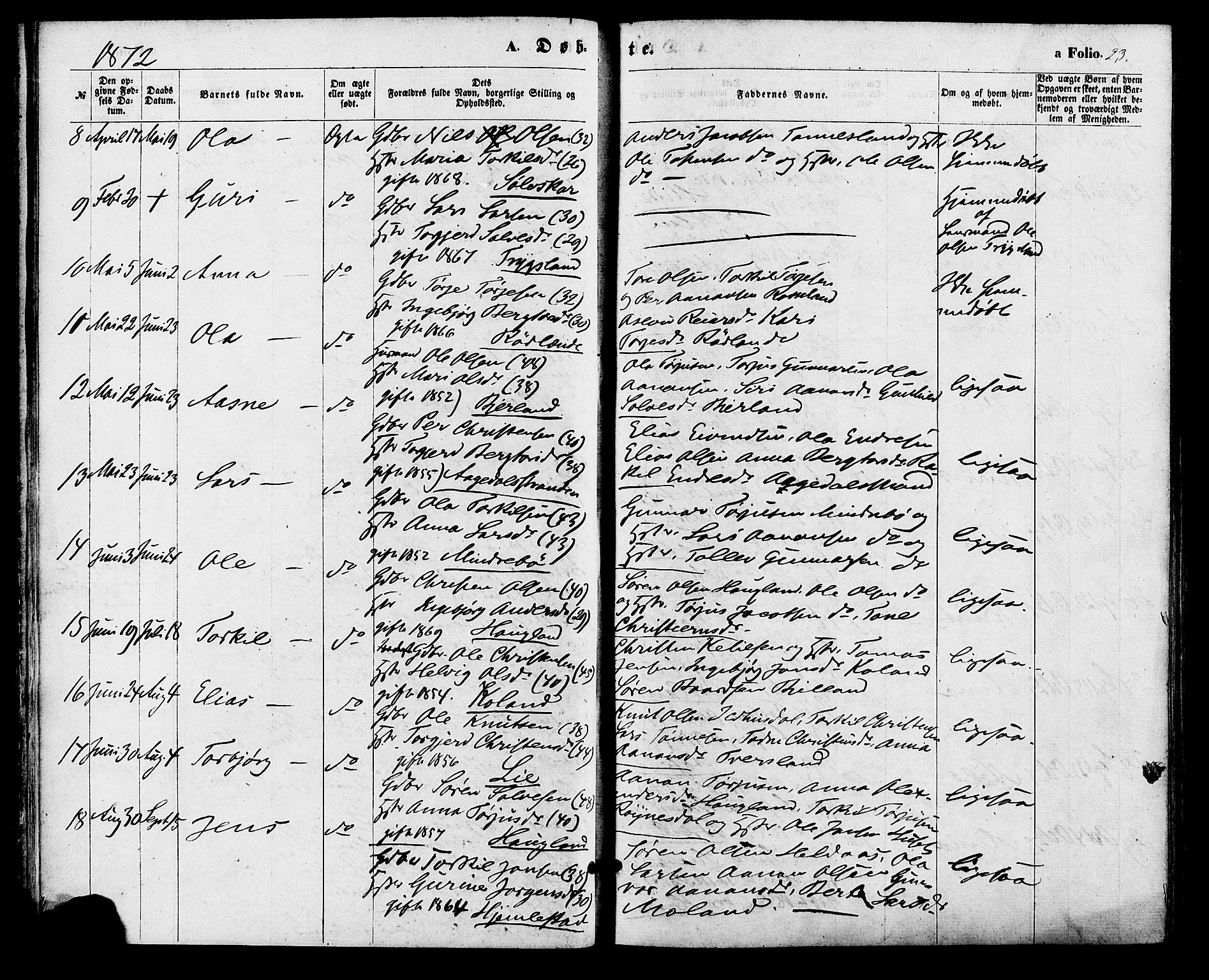 Bjelland sokneprestkontor, SAK/1111-0005/F/Fa/Faa/L0003: Parish register (official) no. A 3, 1867-1887, p. 23