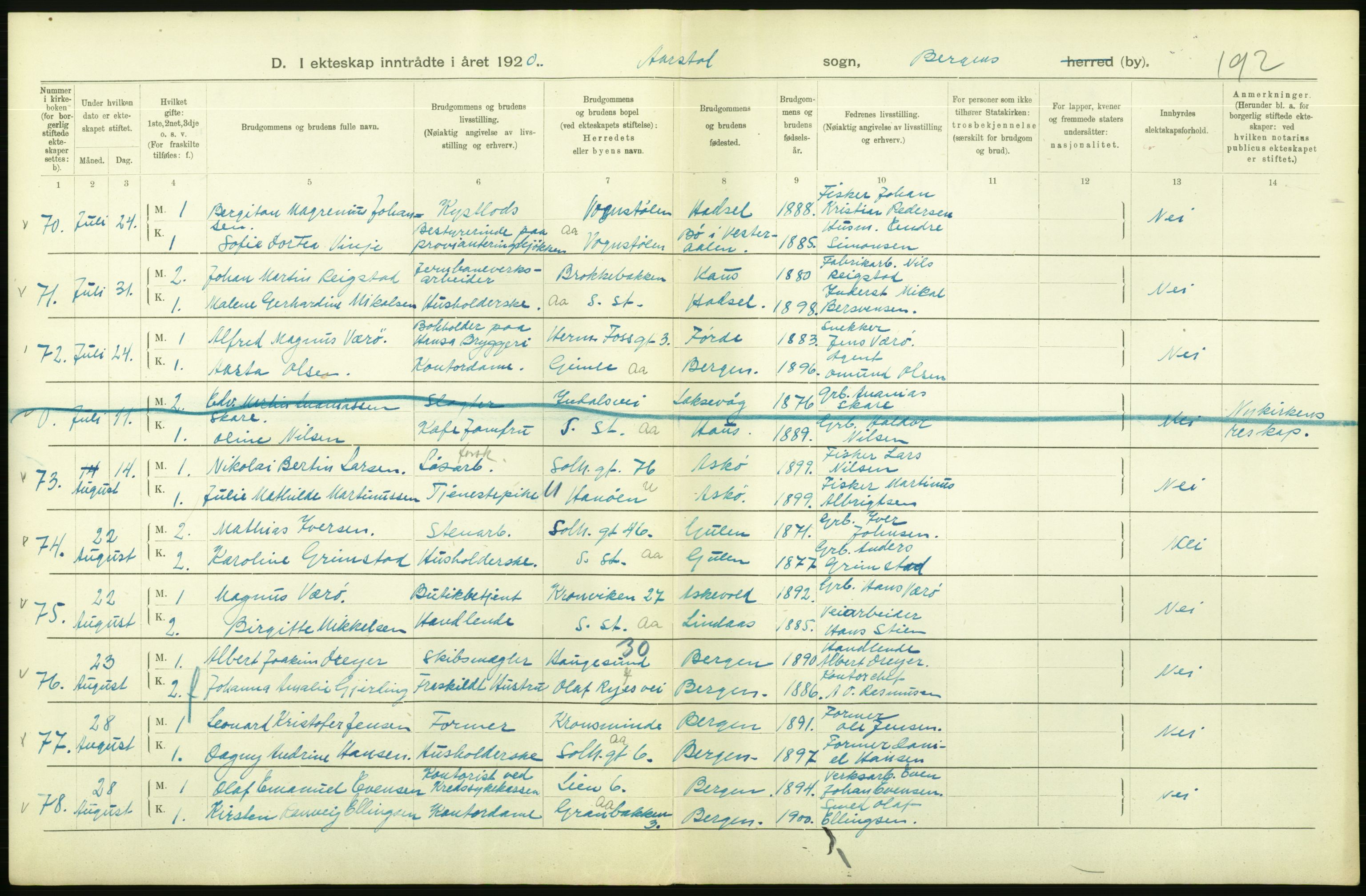 Statistisk sentralbyrå, Sosiodemografiske emner, Befolkning, AV/RA-S-2228/D/Df/Dfb/Dfbj/L0042: Bergen: Gifte, døde, dødfødte., 1920, p. 38