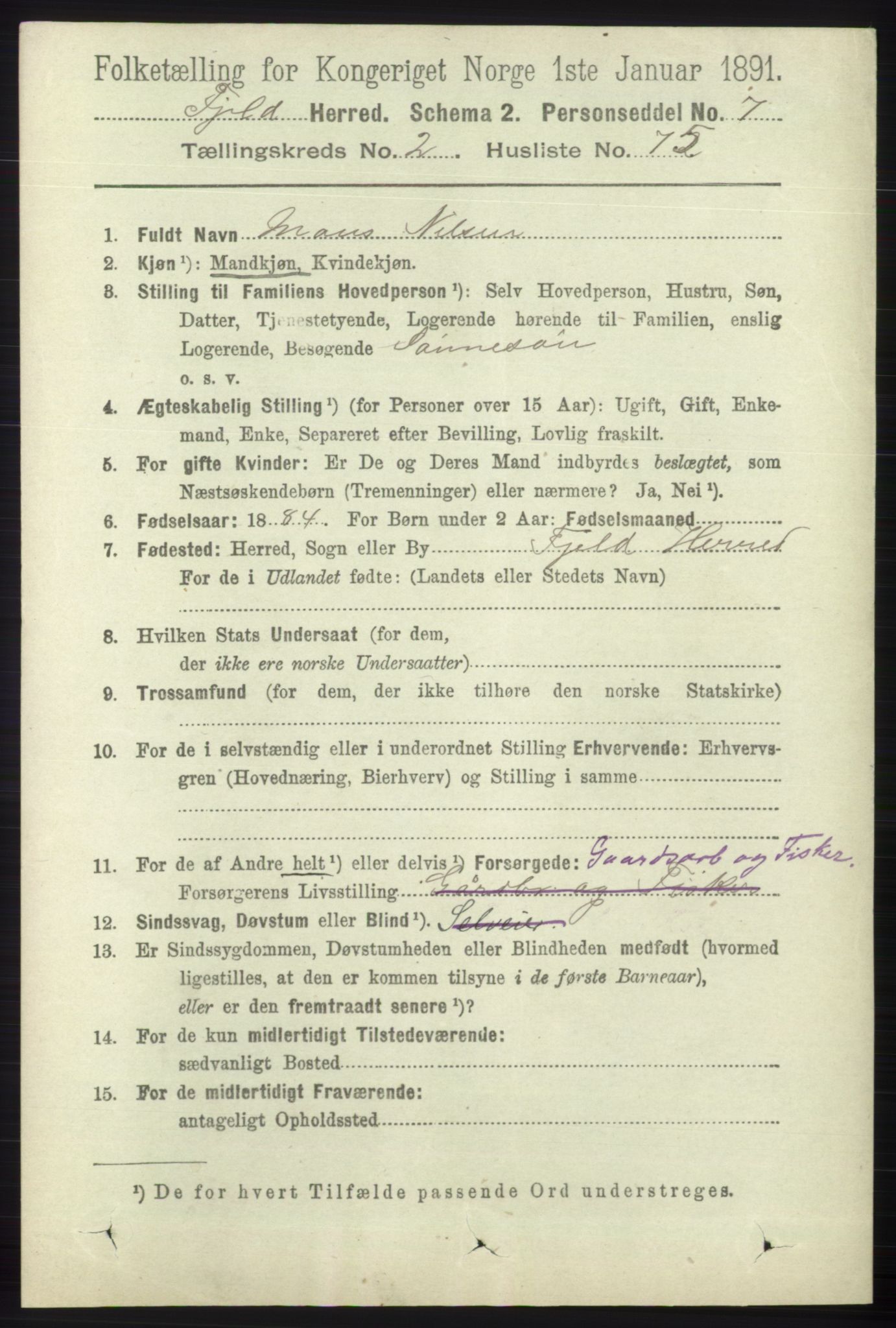 RA, 1891 census for 1246 Fjell, 1891, p. 1209