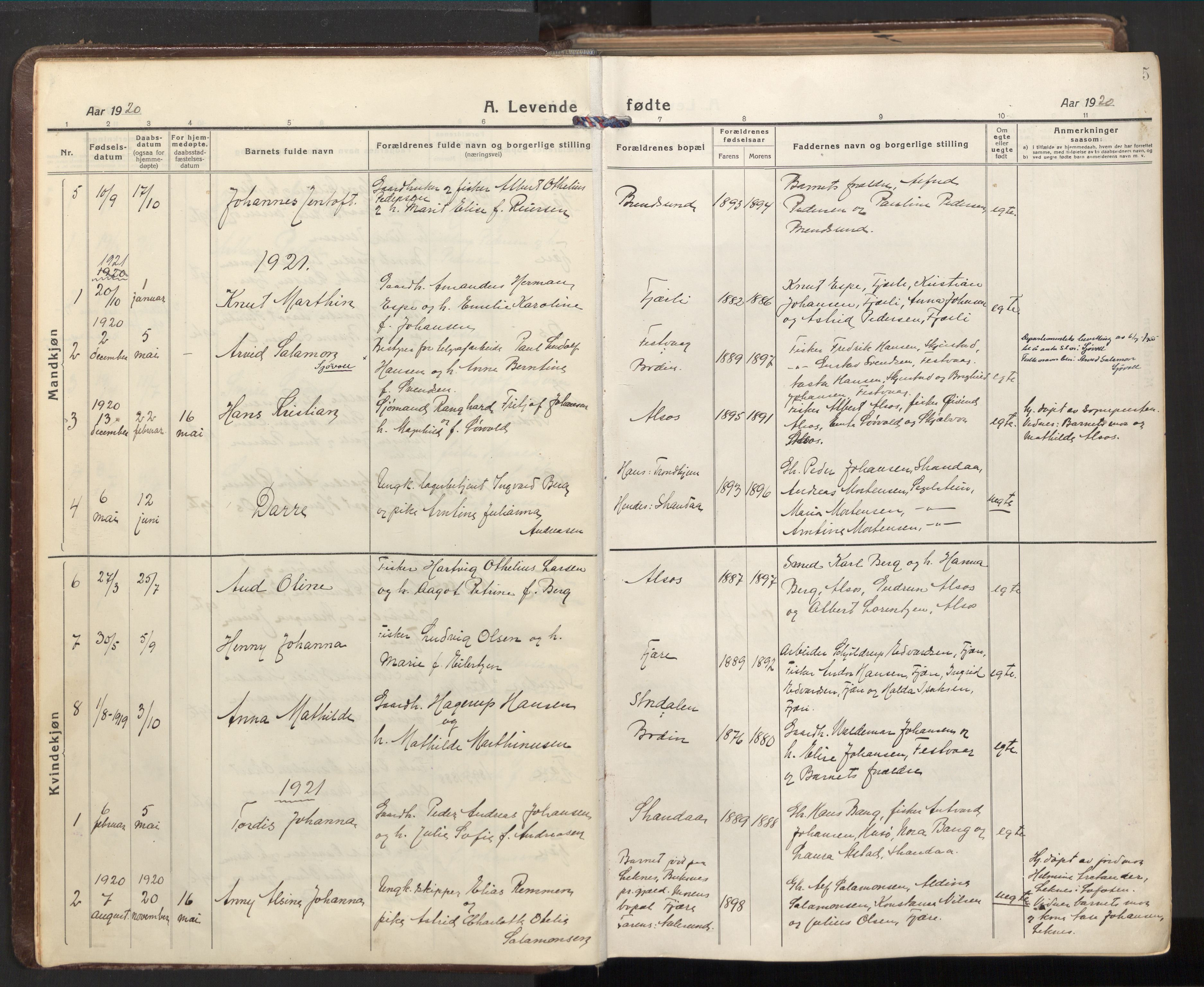 Ministerialprotokoller, klokkerbøker og fødselsregistre - Nordland, SAT/A-1459/803/L0073: Parish register (official) no. 803A03, 1920-1955, p. 5
