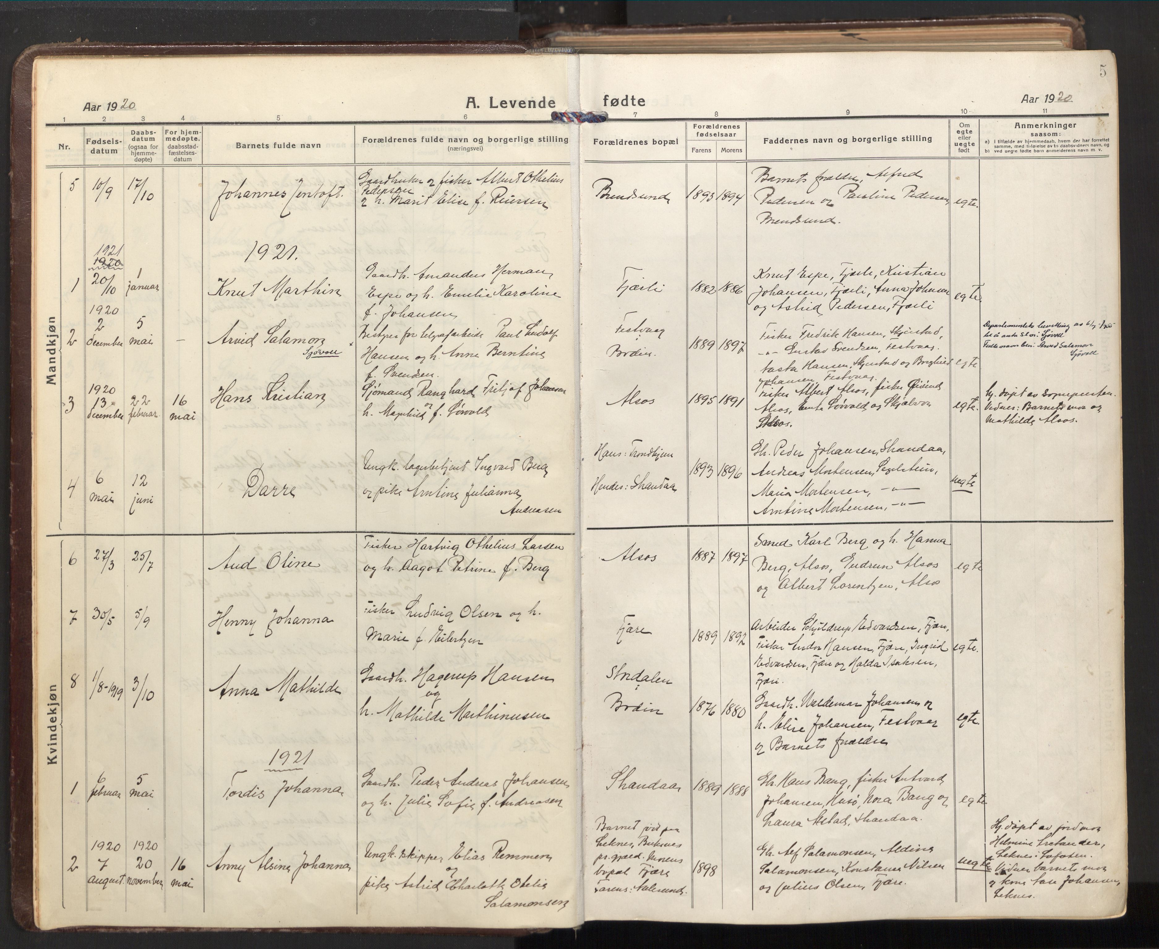 Ministerialprotokoller, klokkerbøker og fødselsregistre - Nordland, AV/SAT-A-1459/803/L0073: Parish register (official) no. 803A03, 1920-1955, p. 5