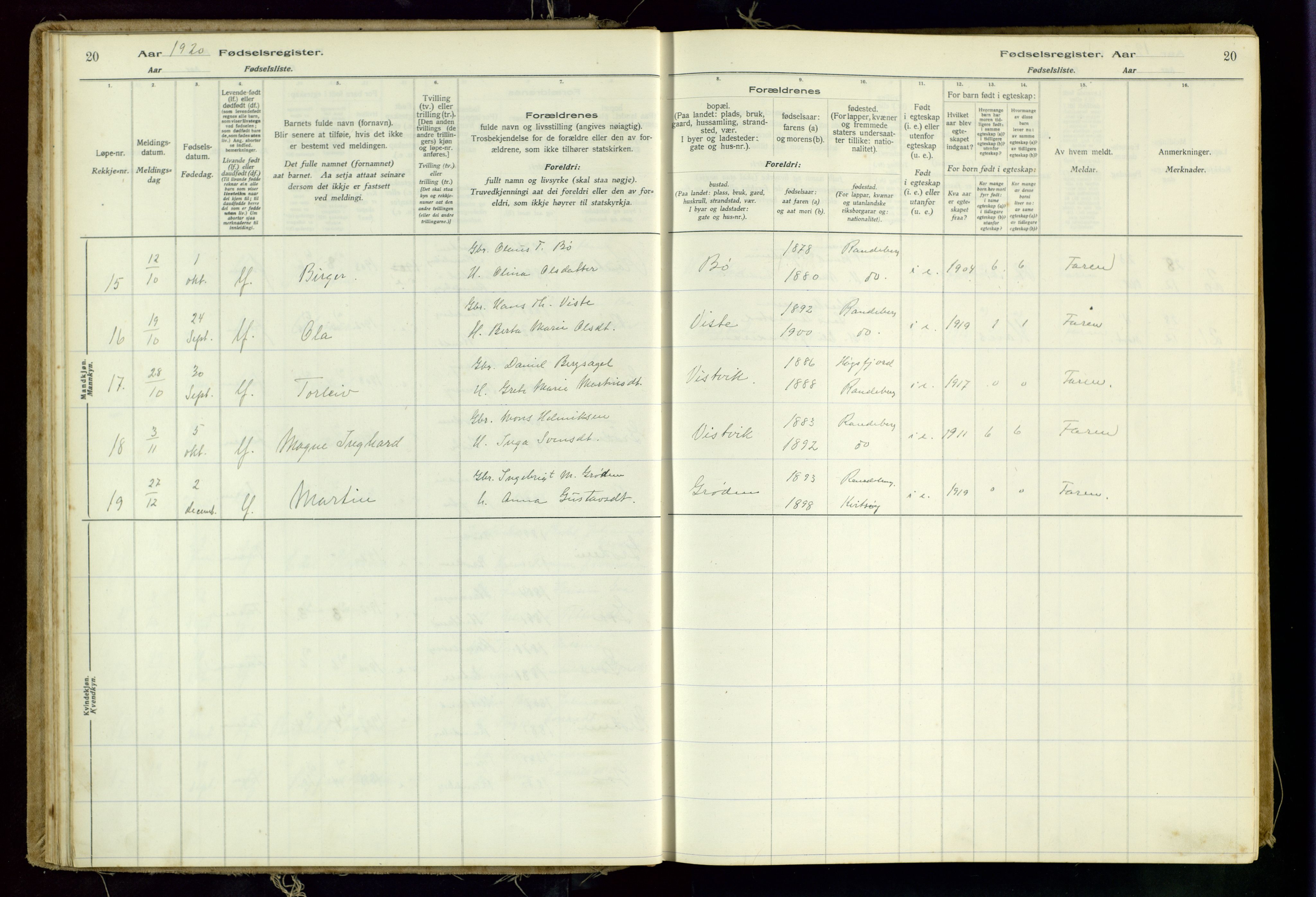 Hetland sokneprestkontor, AV/SAST-A-101826/70/704BA/L0001: Birth register no. 1, 1916-1954, p. 20