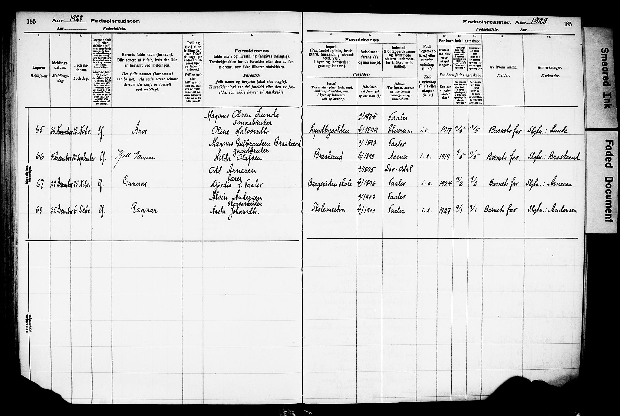 Våler prestekontor, Hedmark, AV/SAH-PREST-040/I/Id/L0001: Birth register no. 1, 1916-1930, p. 185