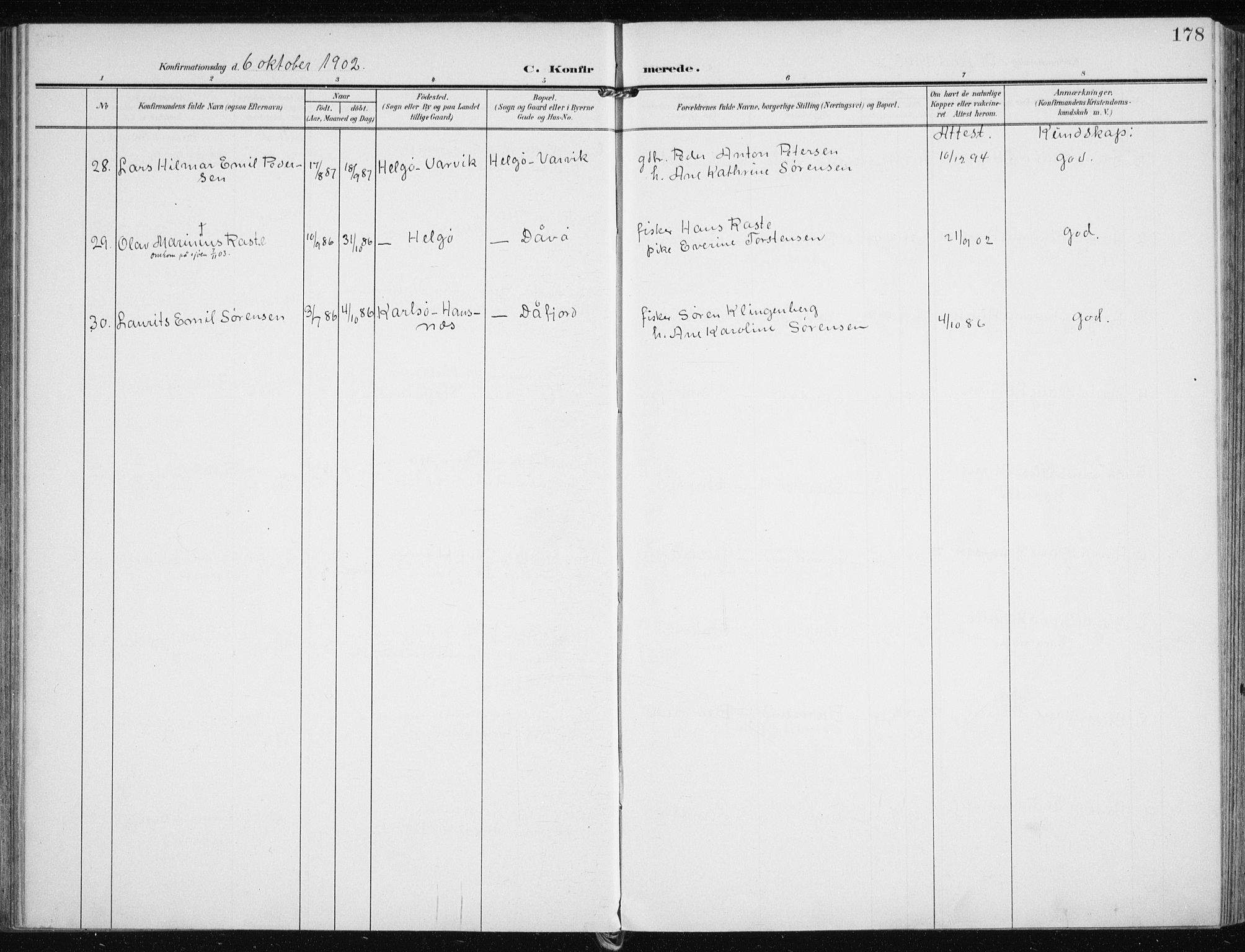 Karlsøy sokneprestembete, AV/SATØ-S-1299/H/Ha/Haa/L0014kirke: Parish register (official) no. 14, 1903-1917, p. 178