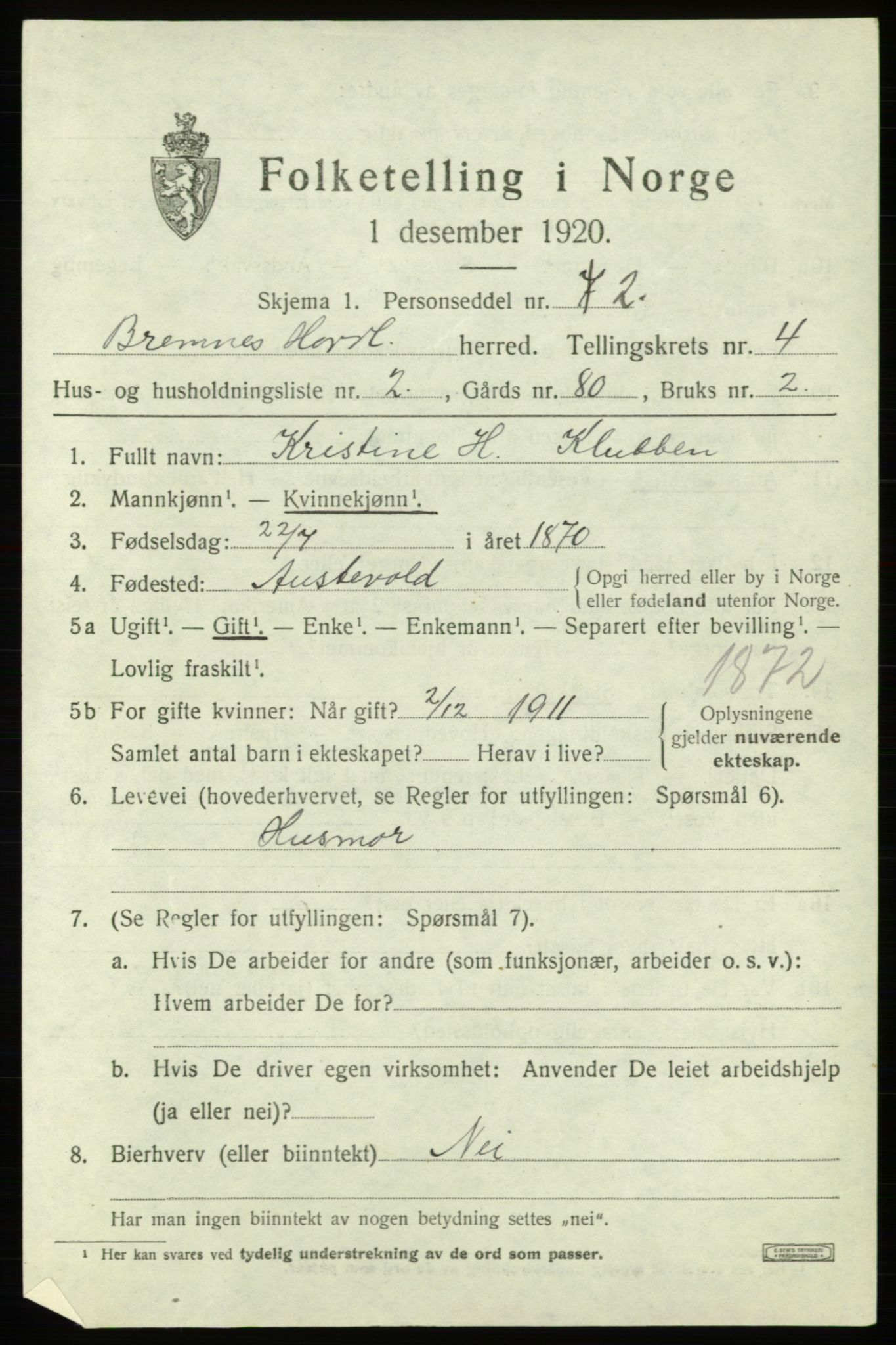 SAB, 1920 census for Bremnes, 1920, p. 1818