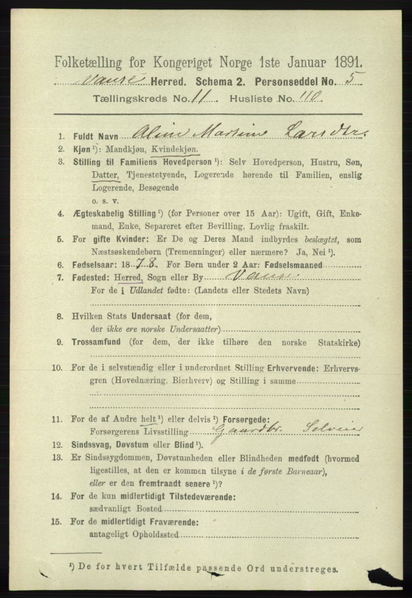 RA, 1891 census for 1041 Vanse, 1891, p. 6662