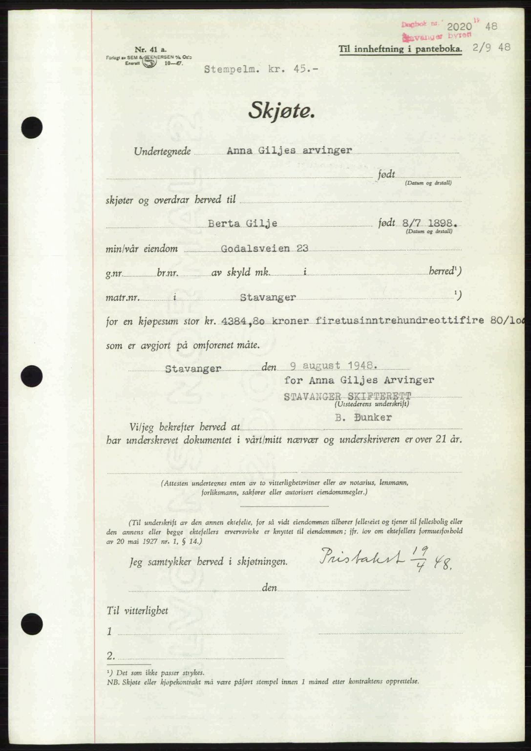 Stavanger byrett, SAST/A-100455/002/G/Gb/L0022: Mortgage book no. A11, 1947-1948, Diary no: : 2020/1948