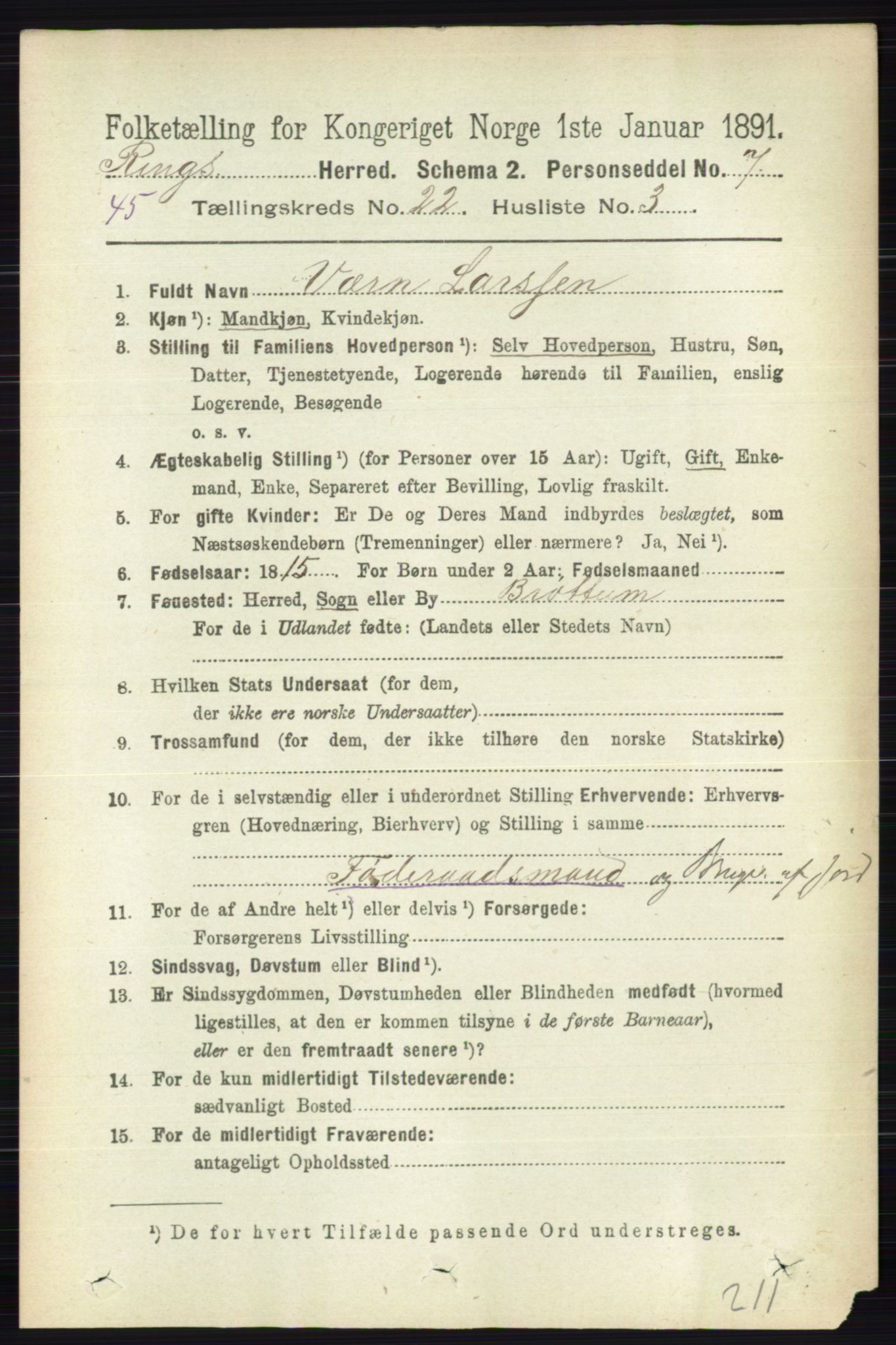 RA, 1891 census for 0412 Ringsaker, 1891, p. 12389