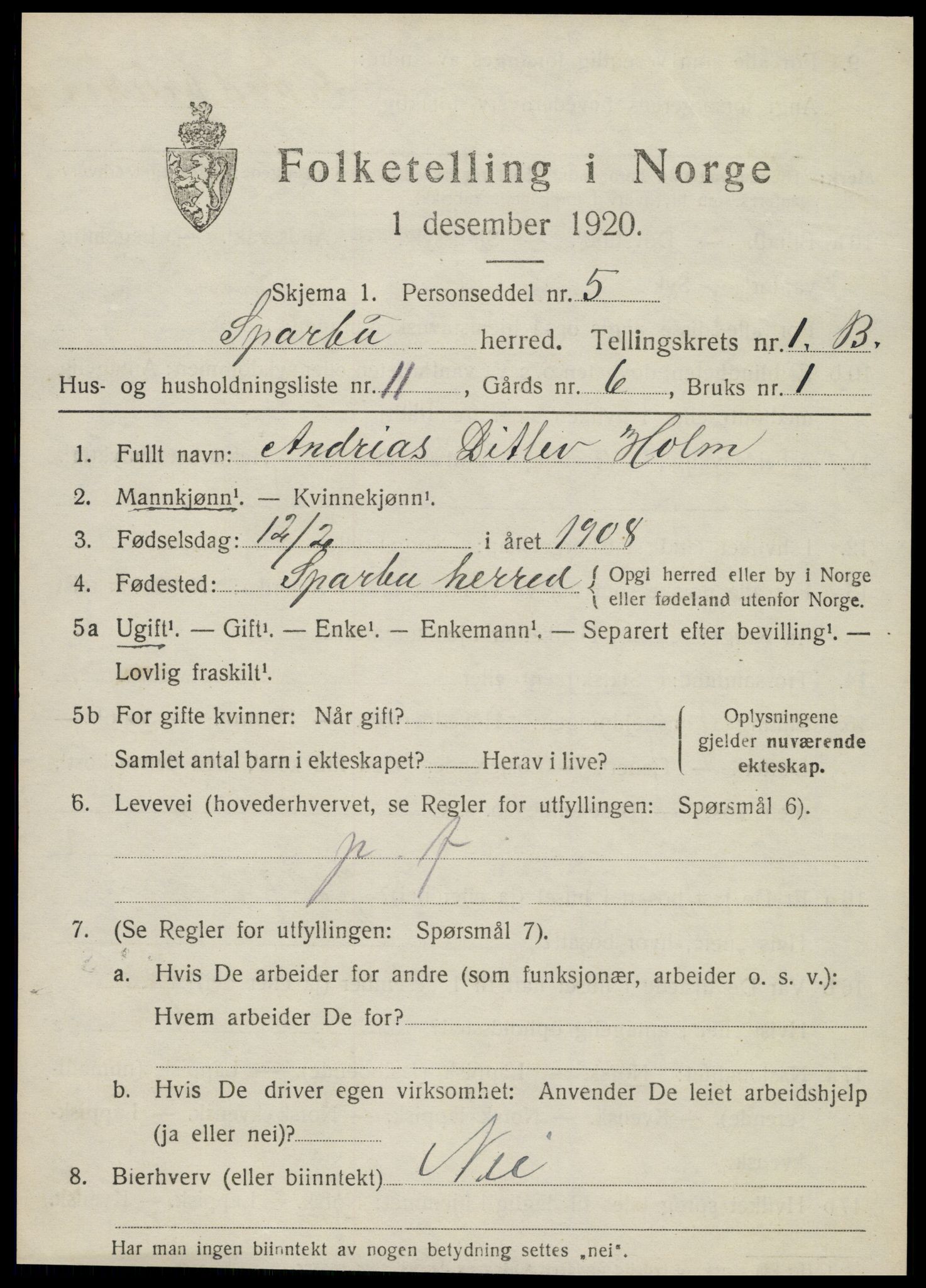 SAT, 1920 census for Sparbu, 1920, p. 2051