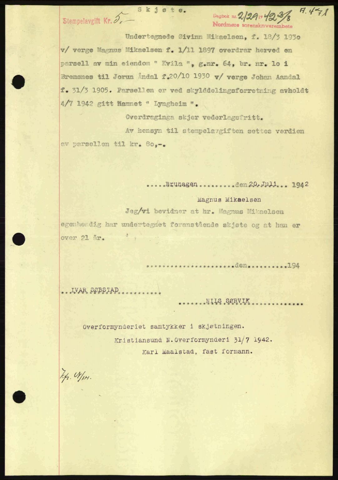 Nordmøre sorenskriveri, AV/SAT-A-4132/1/2/2Ca: Mortgage book no. A93, 1942-1942, Diary no: : 2129/1942