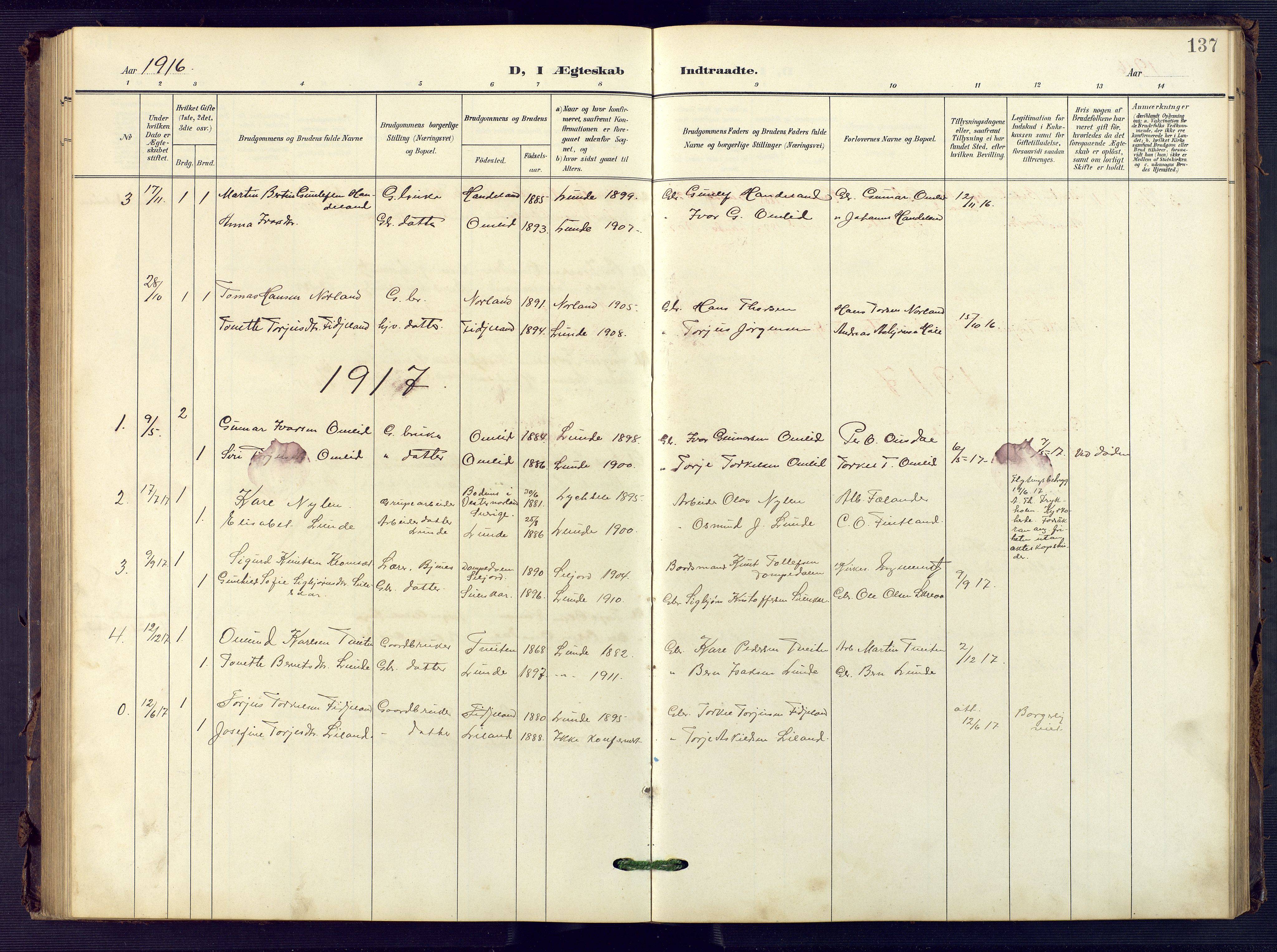 Sirdal sokneprestkontor, SAK/1111-0036/F/Fb/Fba/L0002: Parish register (copy) no. B 2, 1905-1958, p. 137