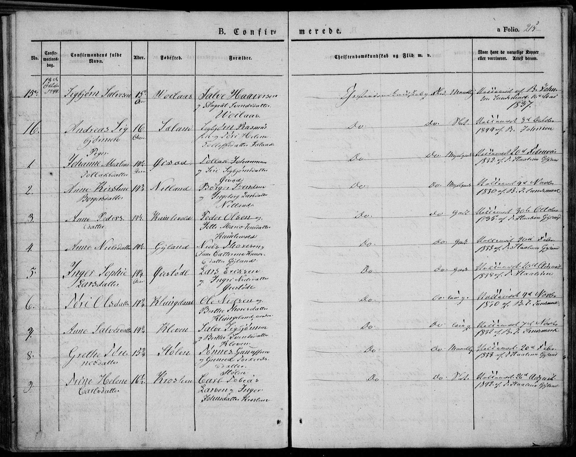 Bakke sokneprestkontor, SAK/1111-0002/F/Fa/Faa/L0004: Parish register (official) no. A 4, 1834-1846, p. 215