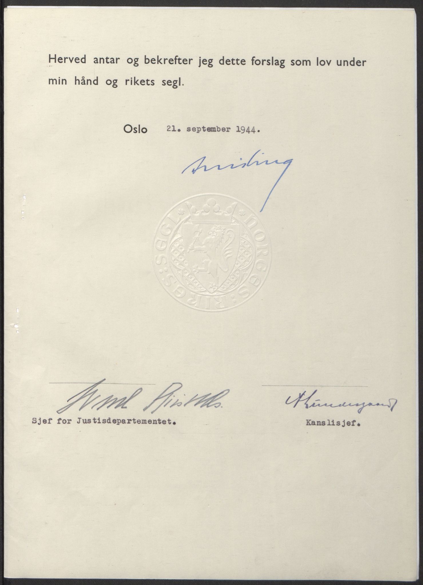 NS-administrasjonen 1940-1945 (Statsrådsekretariatet, de kommisariske statsråder mm), RA/S-4279/D/Db/L0100: Lover, 1944, p. 440