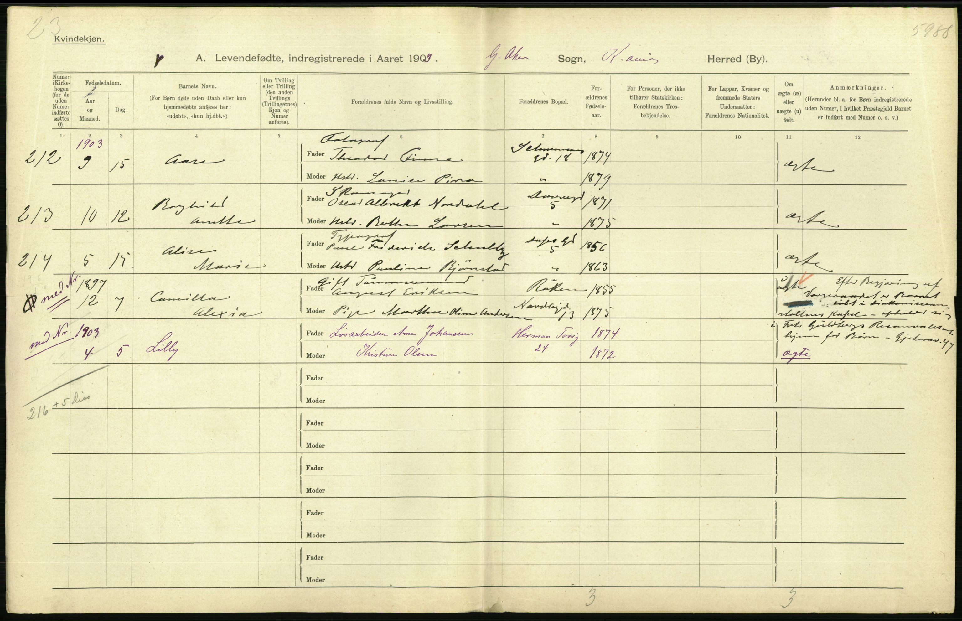 Statistisk sentralbyrå, Sosiodemografiske emner, Befolkning, AV/RA-S-2228/D/Df/Dfa/Dfaa/L0003: Kristiania: Fødte, 1903, p. 436