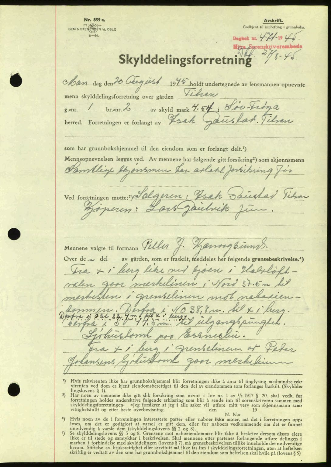 Hitra sorenskriveri, AV/SAT-A-0018/2/2C/2Ca: Mortgage book no. A2, 1943-1945, Diary no: : 471/1945