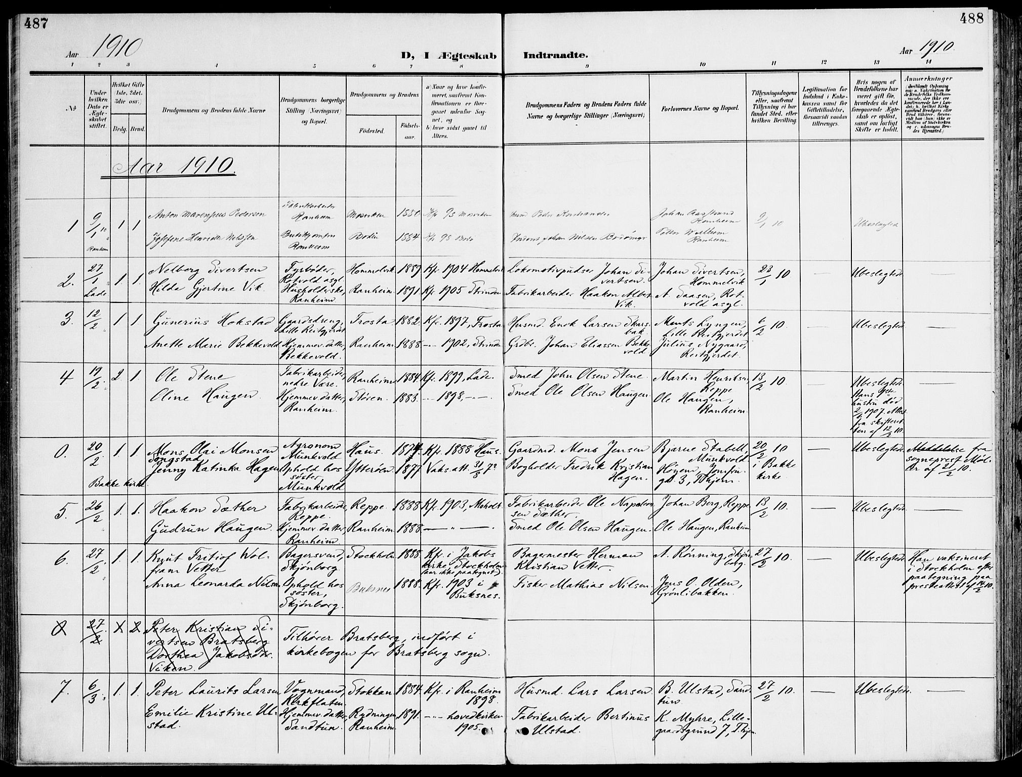 Ministerialprotokoller, klokkerbøker og fødselsregistre - Sør-Trøndelag, SAT/A-1456/607/L0320: Parish register (official) no. 607A04, 1907-1915, p. 487-488
