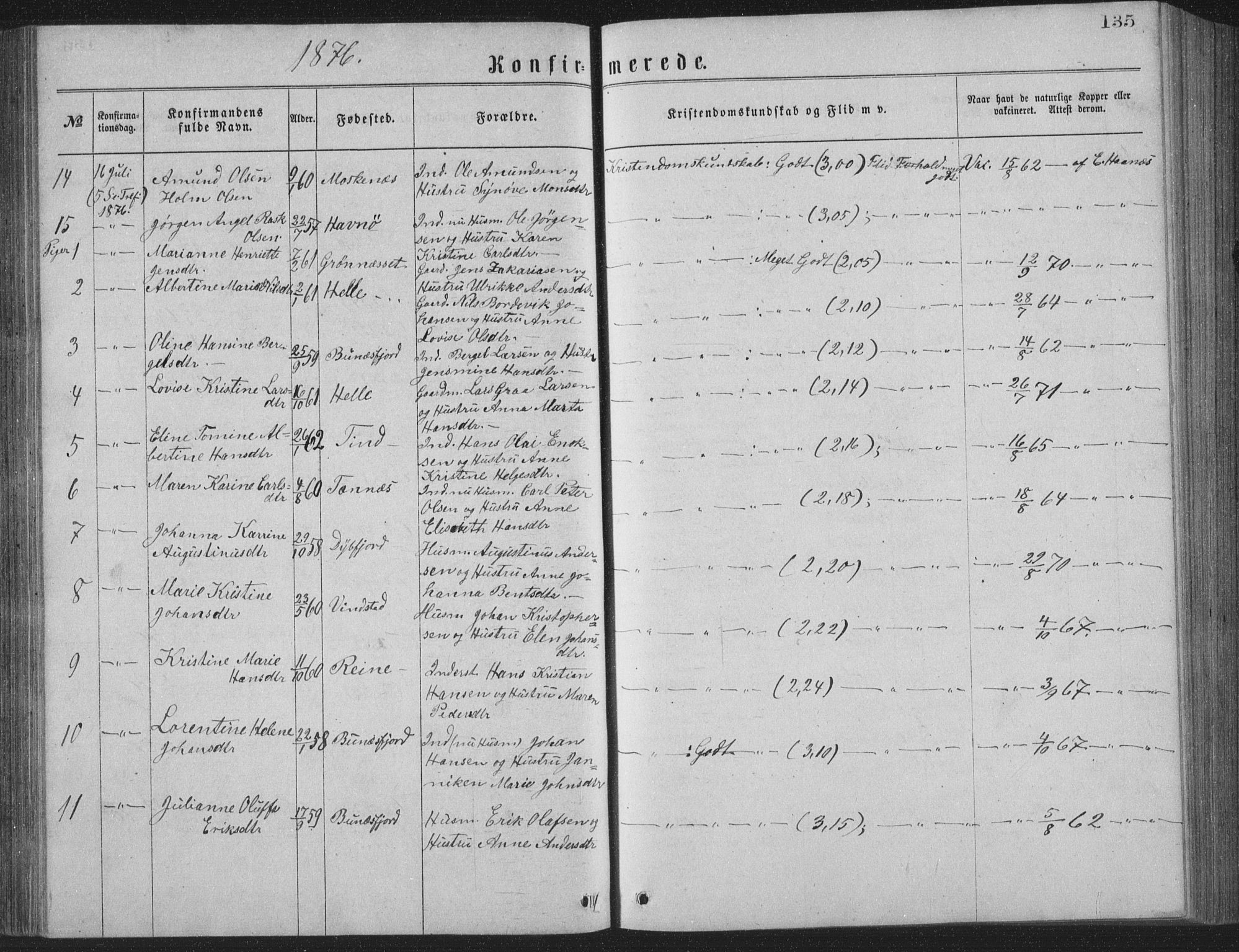 Ministerialprotokoller, klokkerbøker og fødselsregistre - Nordland, AV/SAT-A-1459/886/L1225: Parish register (copy) no. 886C02, 1874-1896, p. 135