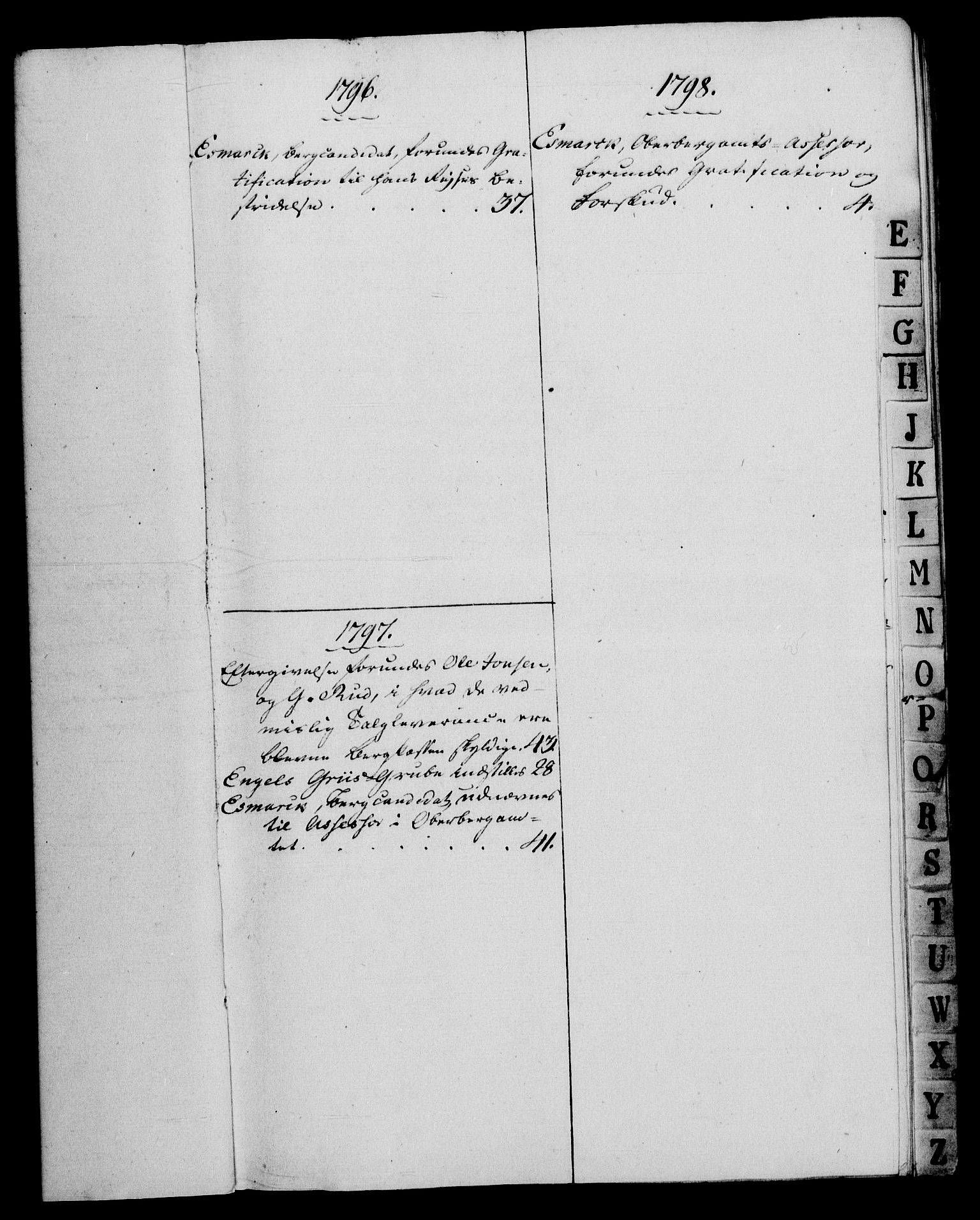 Rentekammeret, Renteskriverkontorene, AV/RA-EA-3115/M/Mf/Mfb/L0003: Relasjons- og resolusjonsprotokoll med register (merket RK 54.9), 1796-1798