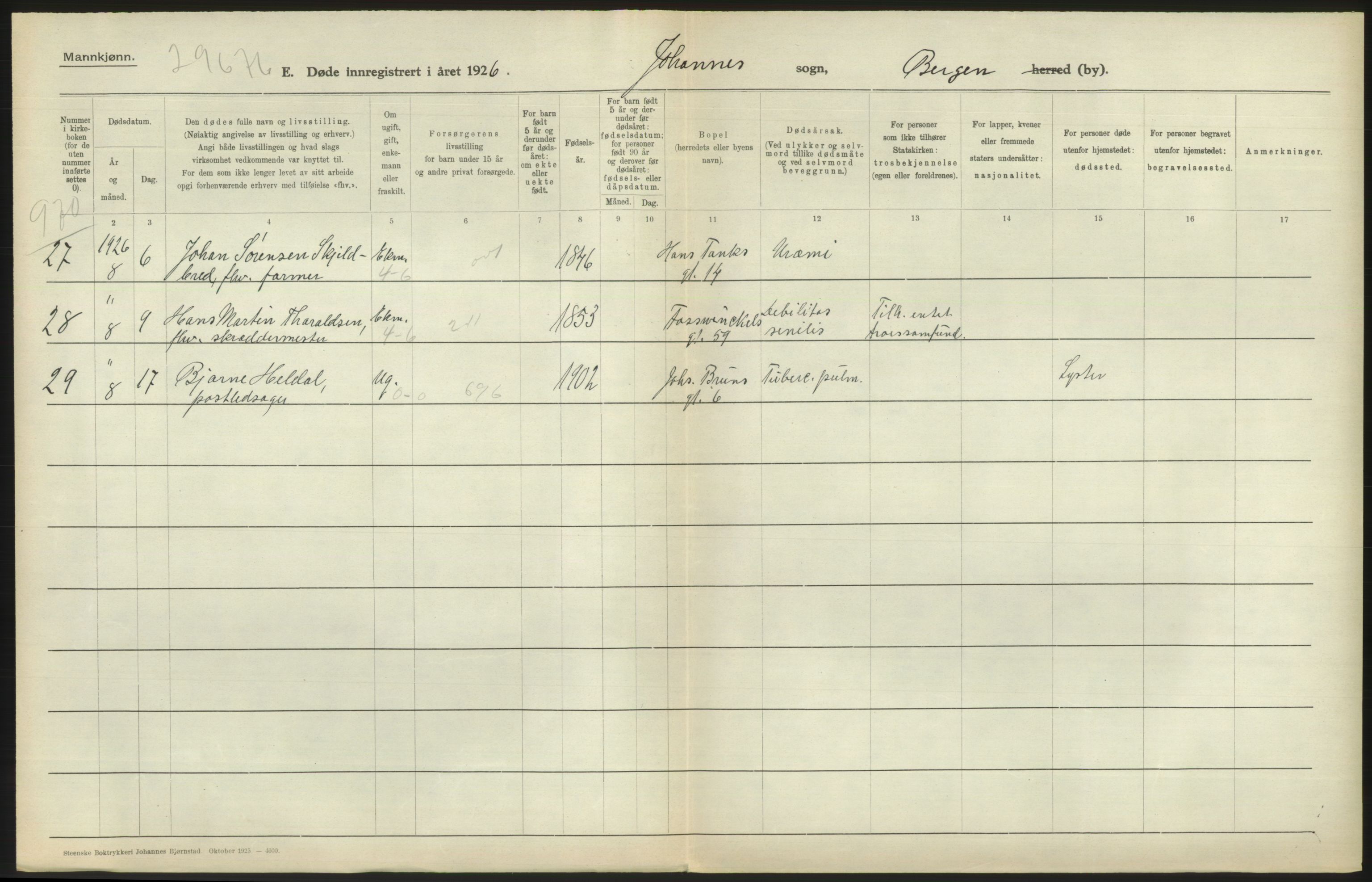 Statistisk sentralbyrå, Sosiodemografiske emner, Befolkning, RA/S-2228/D/Df/Dfc/Dfcf/L0028: Bergen: Gifte, døde, dødfødte., 1926, p. 654